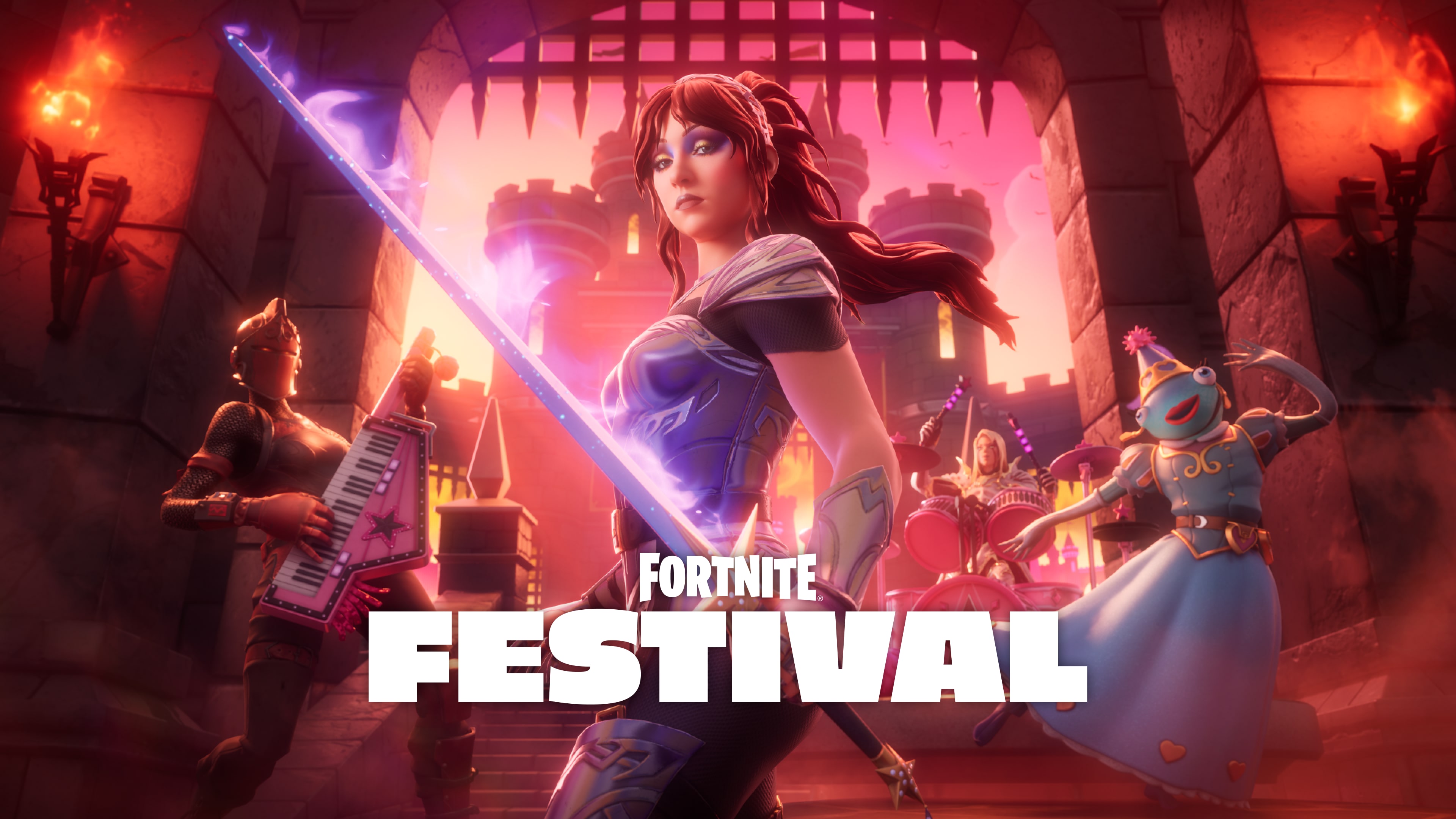 A stylized version of Chappell Roan performing on a vibrant, neon-lit stage in the Fortnite Festival game world.
