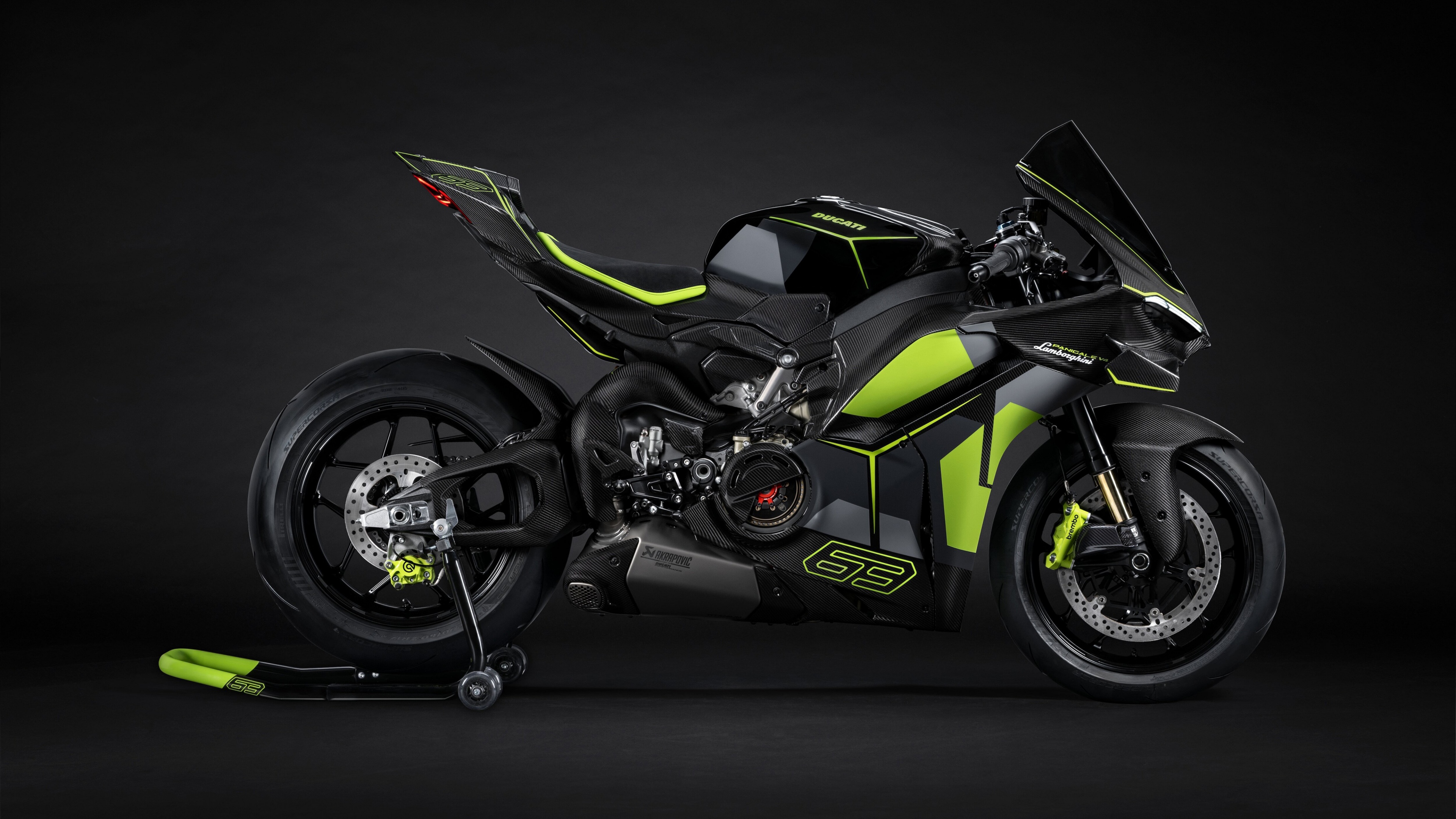 A high-detail, cinematic shot of a Ducati Panigale V4 superbike against a dark, moody background.