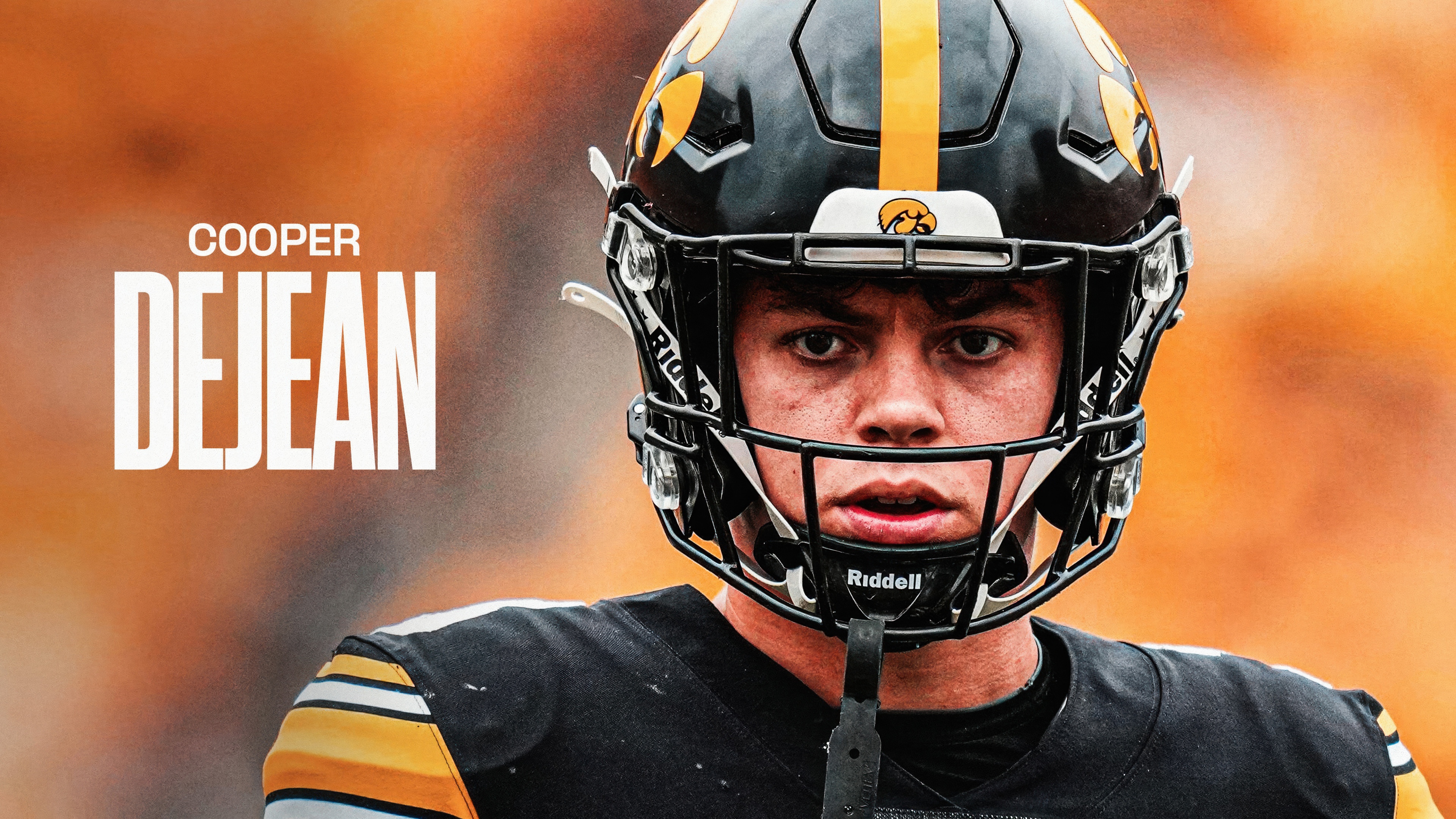 A high-detail 5K portrait of American football player Cooper DeJean in Iowa Hawkeyes gear.