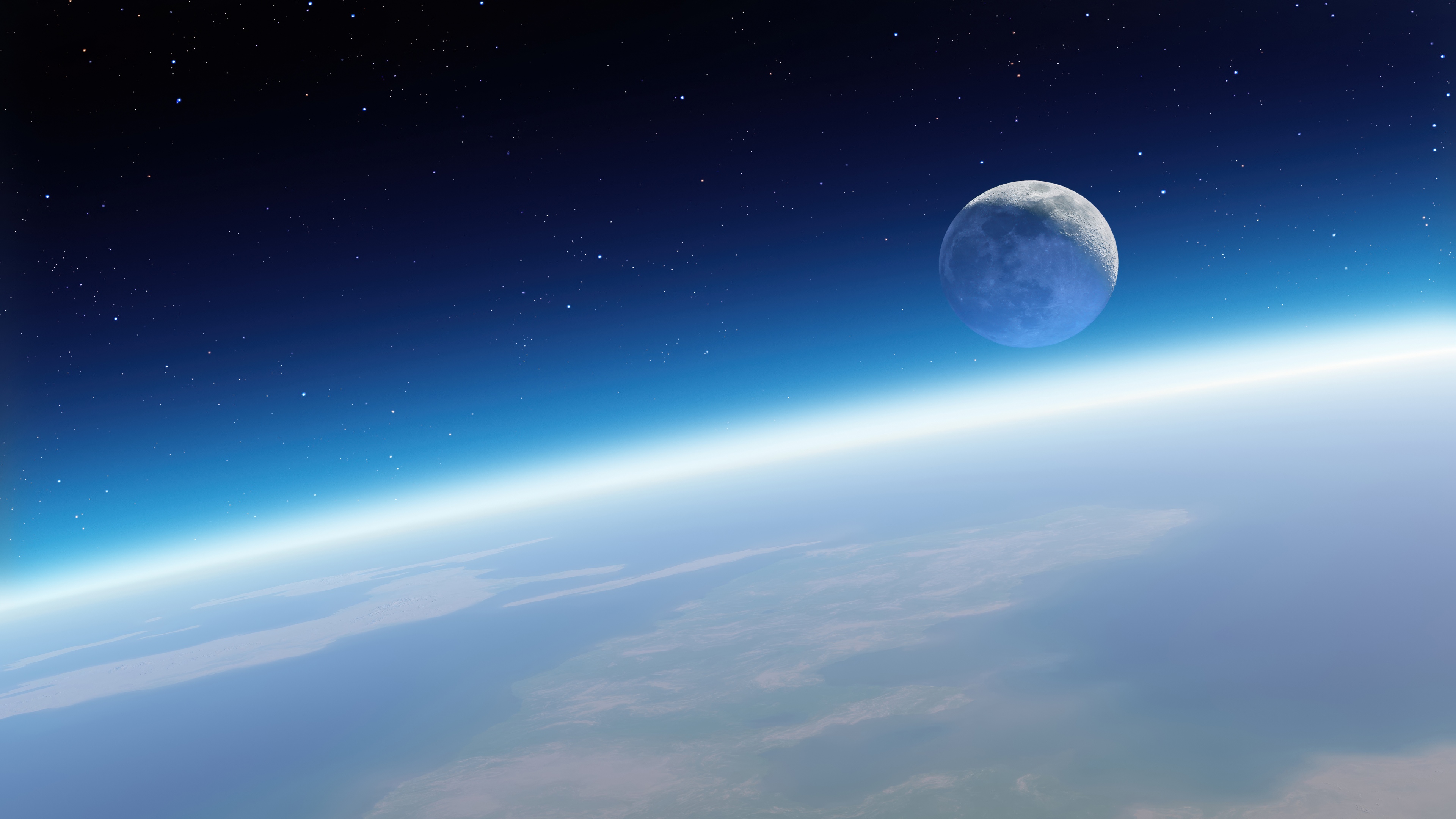 A cinematic view of planet Earth and the Moon floating in the dark, star-filled expanse of outer space.