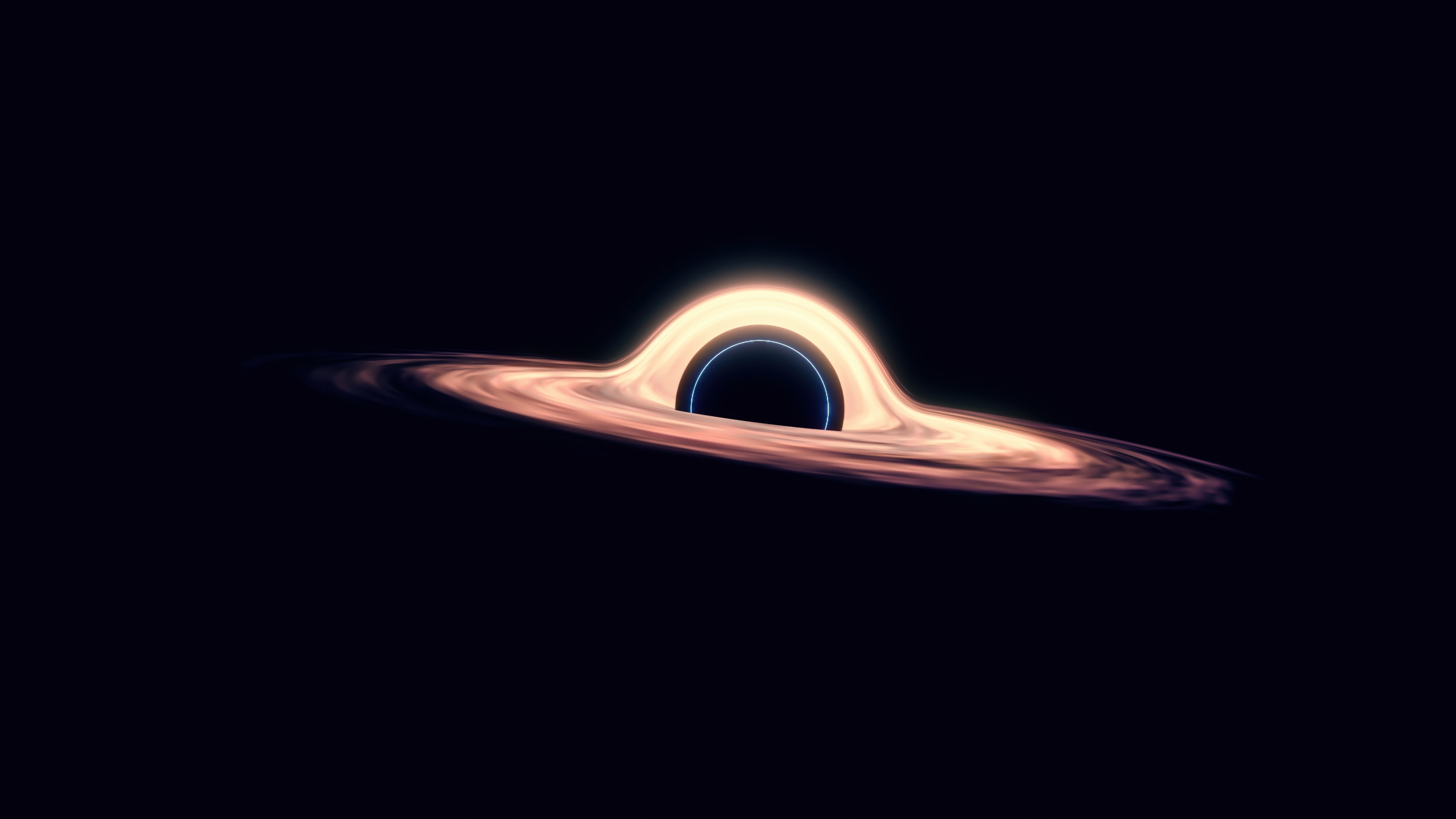 A highly detailed, 5K resolution view of a black hole with a glowing accretion disk against a dark cosmic background.