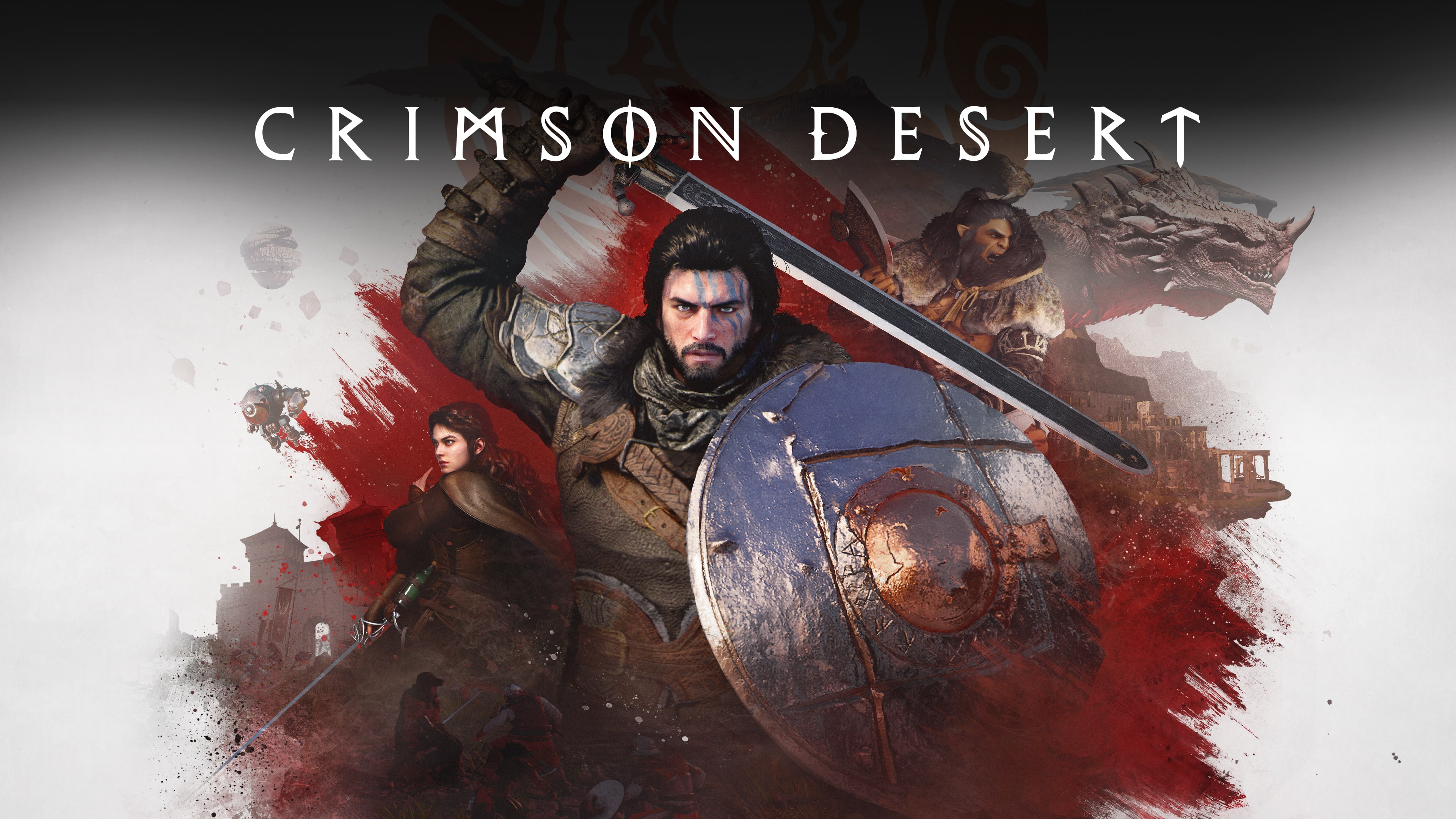 An epic game poster featuring a warrior standing before a massive, terrifying dragon in the world of Crimson Desert.