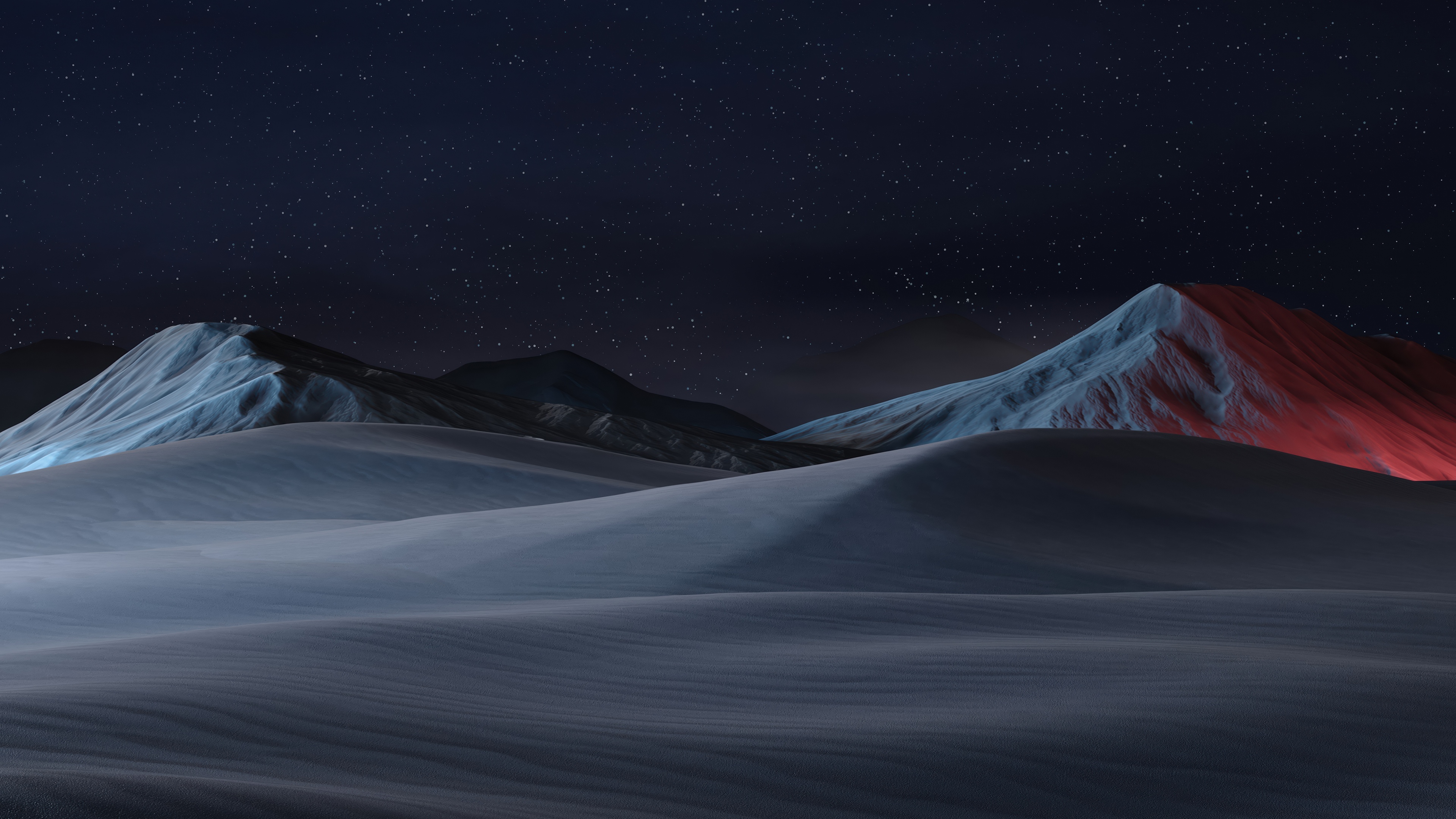 A dramatic night landscape featuring snow-capped mountains, desert sand dunes, and a starry sky with an eerie red glow.
