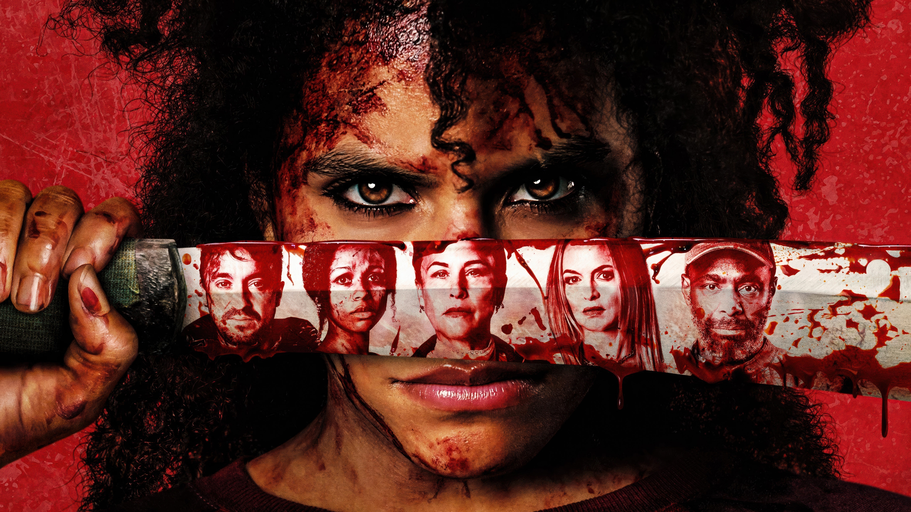 Dramatic movie poster of Zazie Beetz featuring blood splatters against a vivid red background.