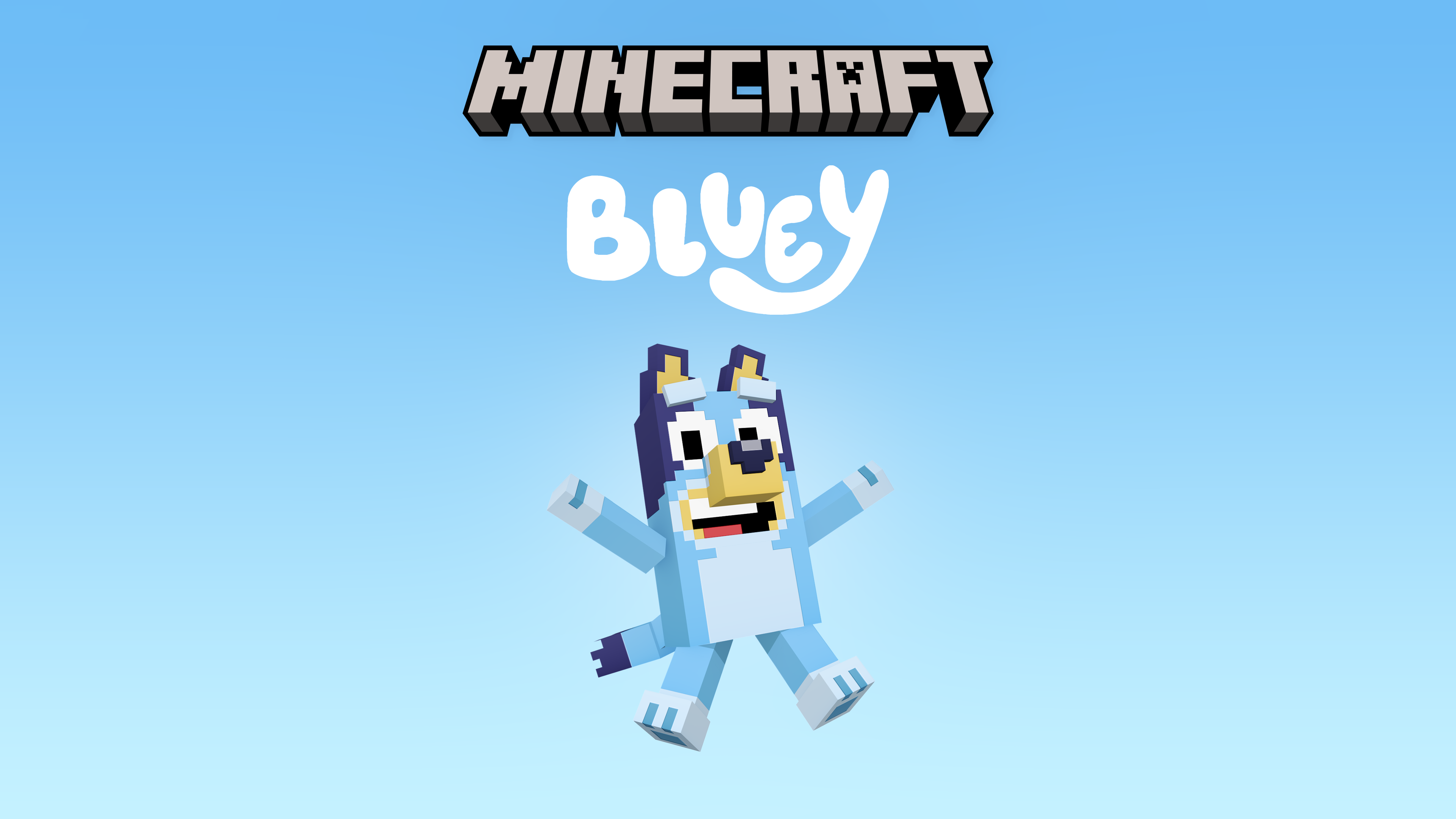 A cute, cartoon-style pixel art character from Minecraft on a bright blue background.