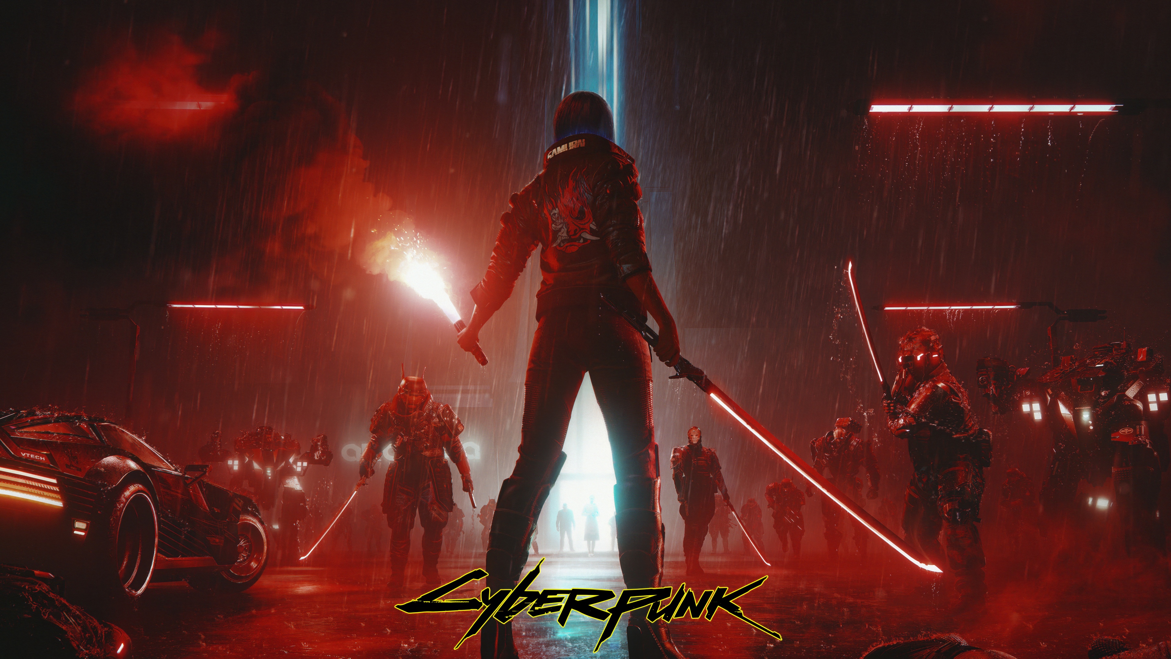 A cyberpunk warrior wielding a katana amidst intense red neon lights, celebrating the 5th anniversary of Cyberpunk 2077.