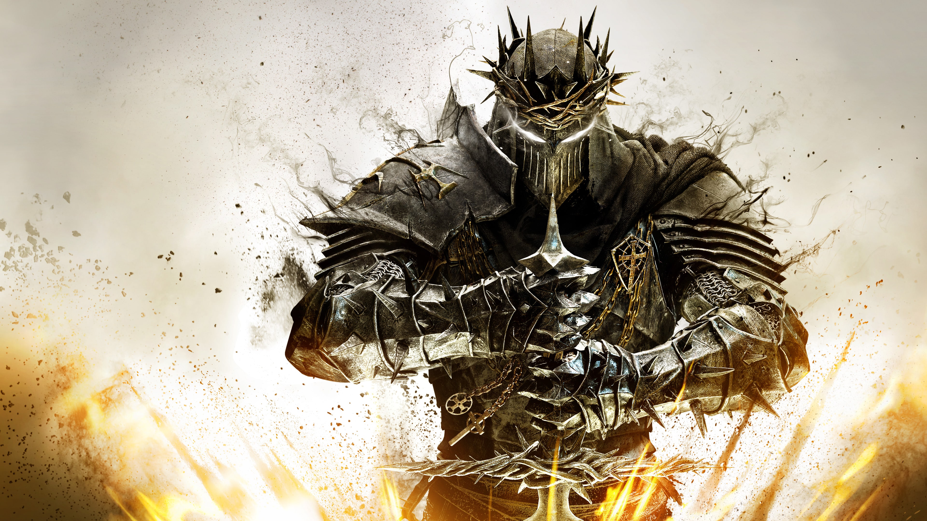 A dark crusader knight wearing heavy, detailed black armor with glowing accents, standing in a dark, atmospheric gothic fantasy setting.