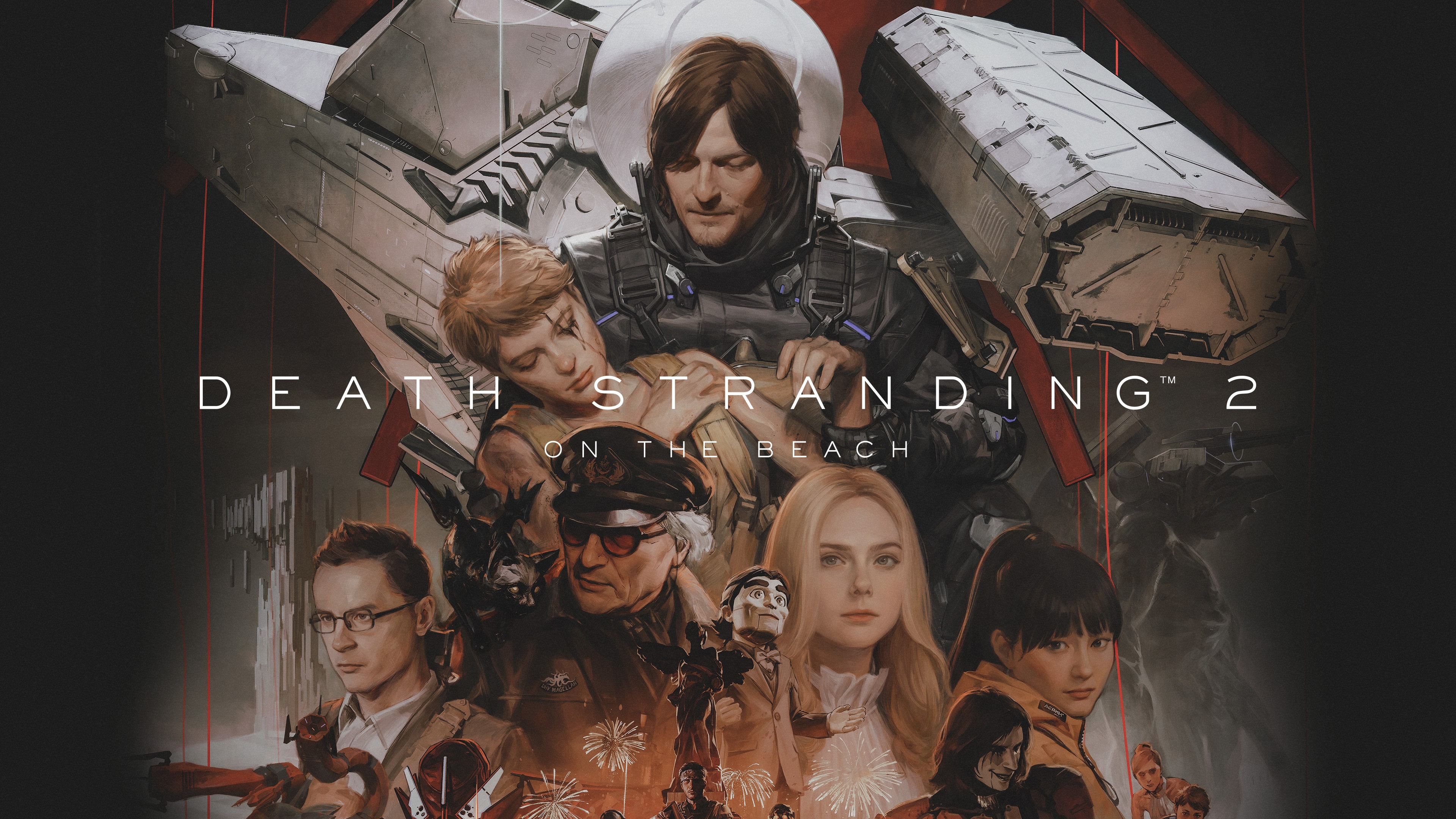 Cinematic key art of Sam Porter Bridges in the otherworldly landscape of Death Stranding 2: On the Beach
