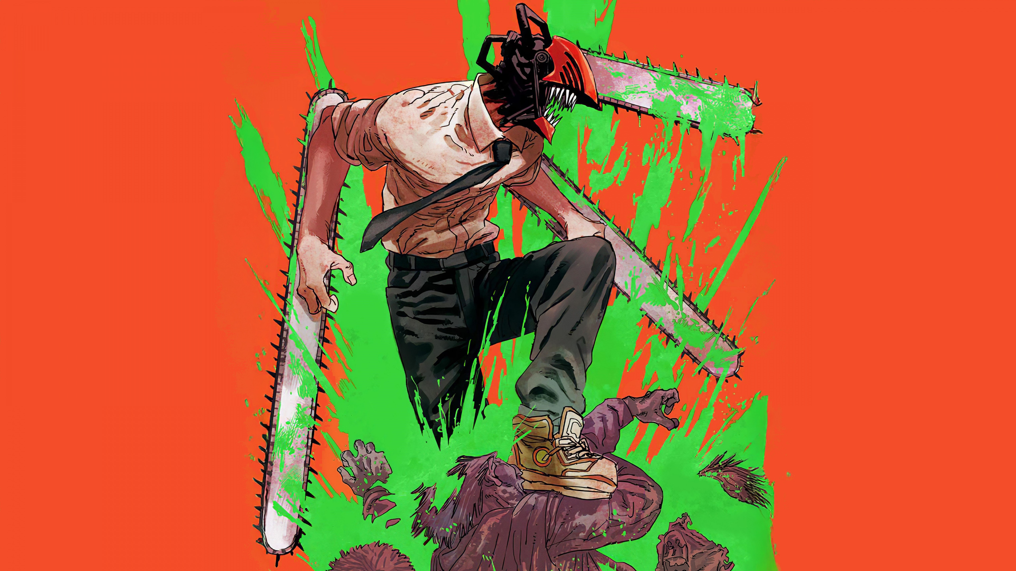 A powerful and badass depiction of Denji from Chainsaw Man against a bright orange background.