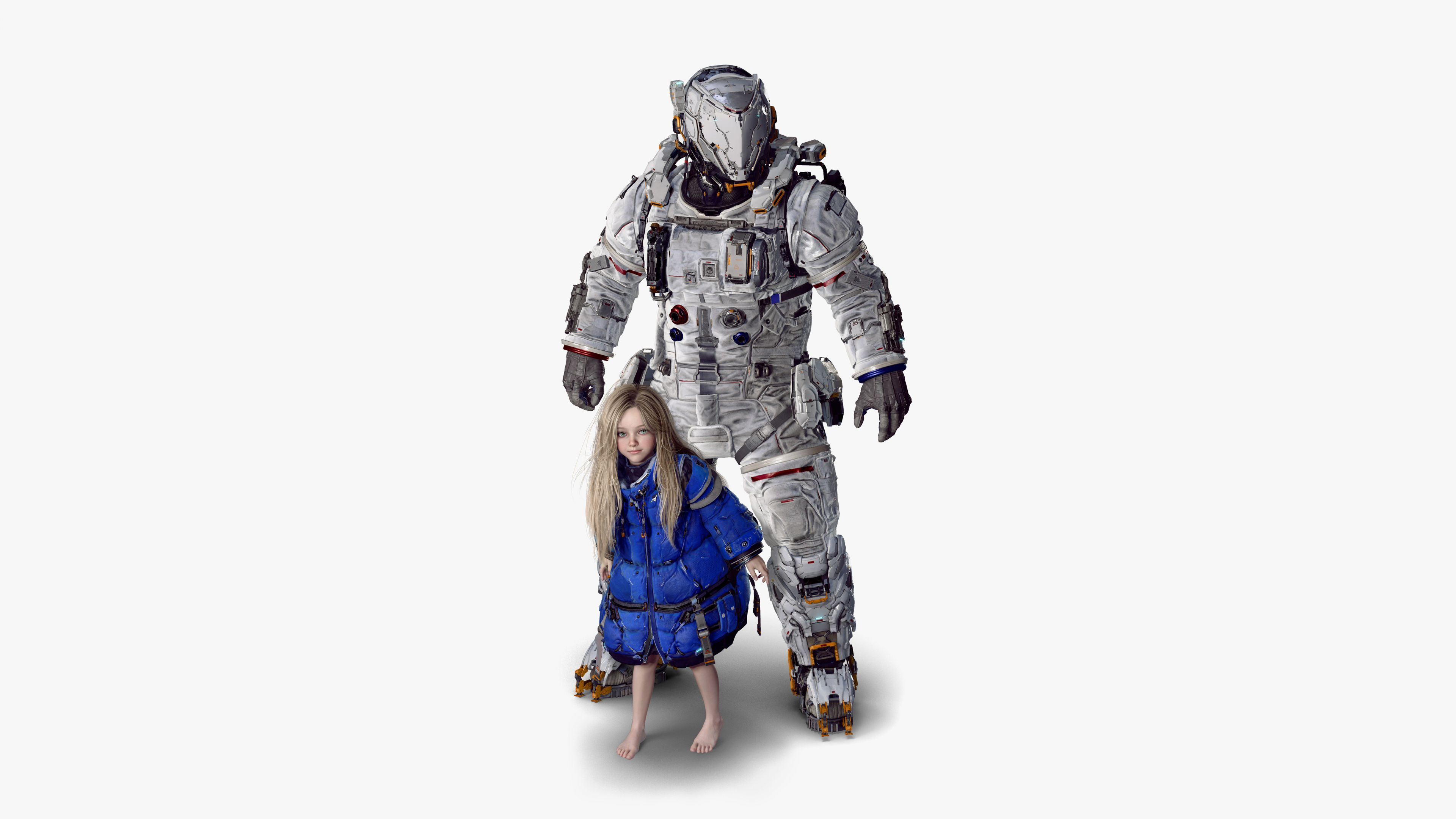 Detailed character renders of Diana and Hugh from the video game Pragmata on a white background.