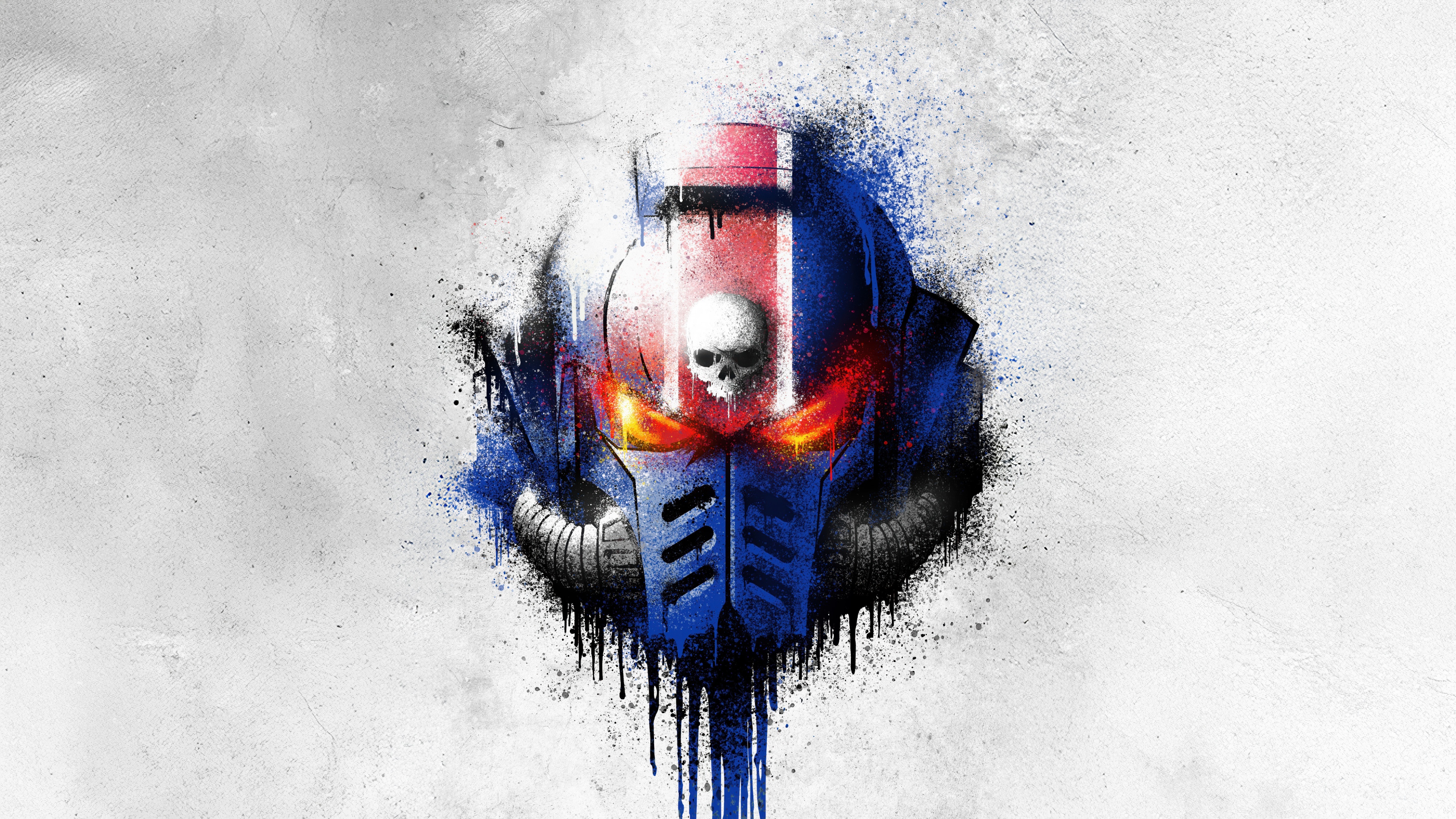 A highly detailed Space Marine helmet from Warhammer 40K rendered in a colorful, dripping graffiti art style.