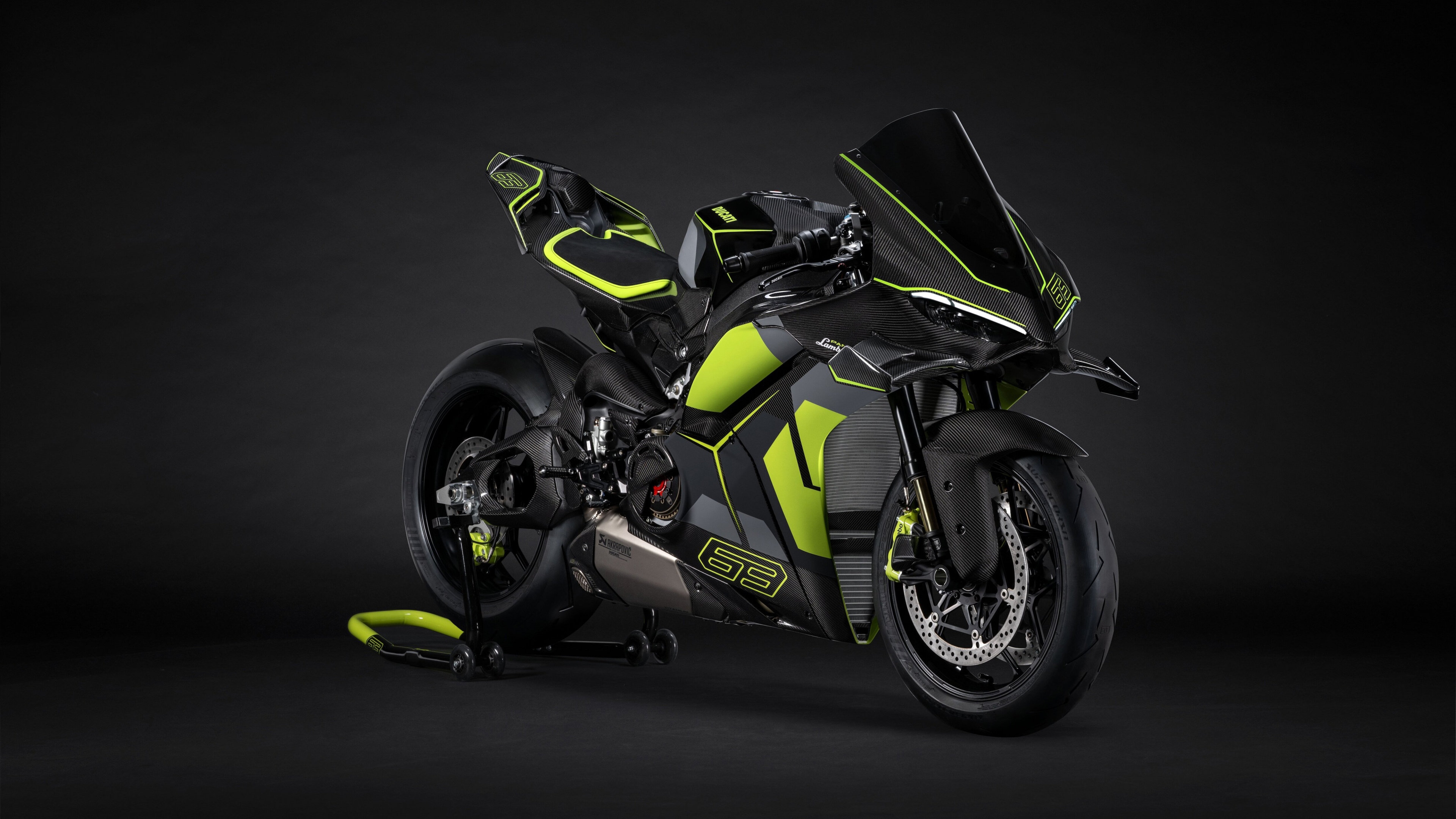 A high-detail 5K image of a Ducati Panigale V4 motorcycle featuring Lamborghini-inspired design elements against a dark, dramatic background.