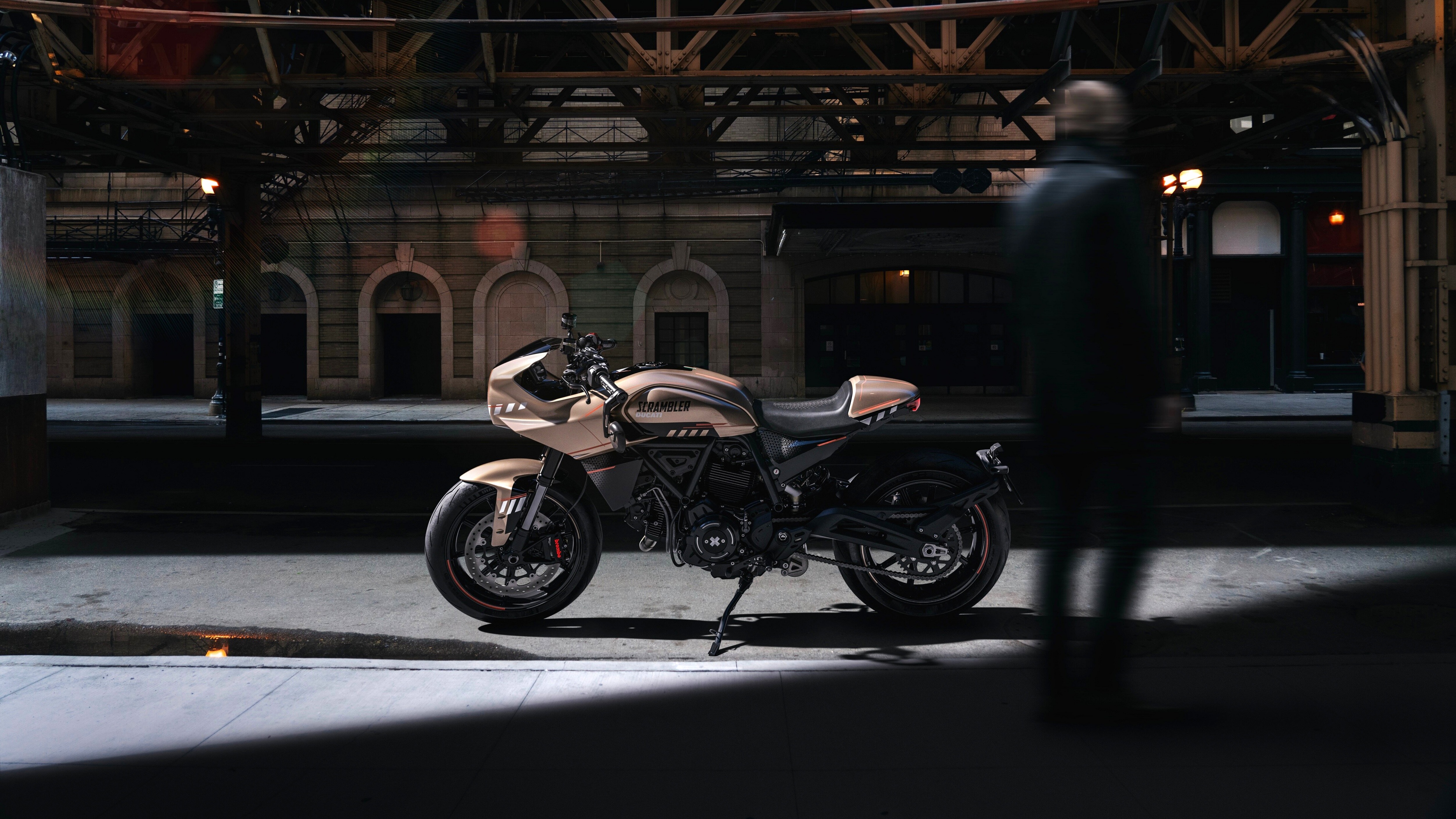 A high-resolution concept design of a customized Ducati Scrambler cafe racer motorcycle with a sleek, modern-retro aesthetic.