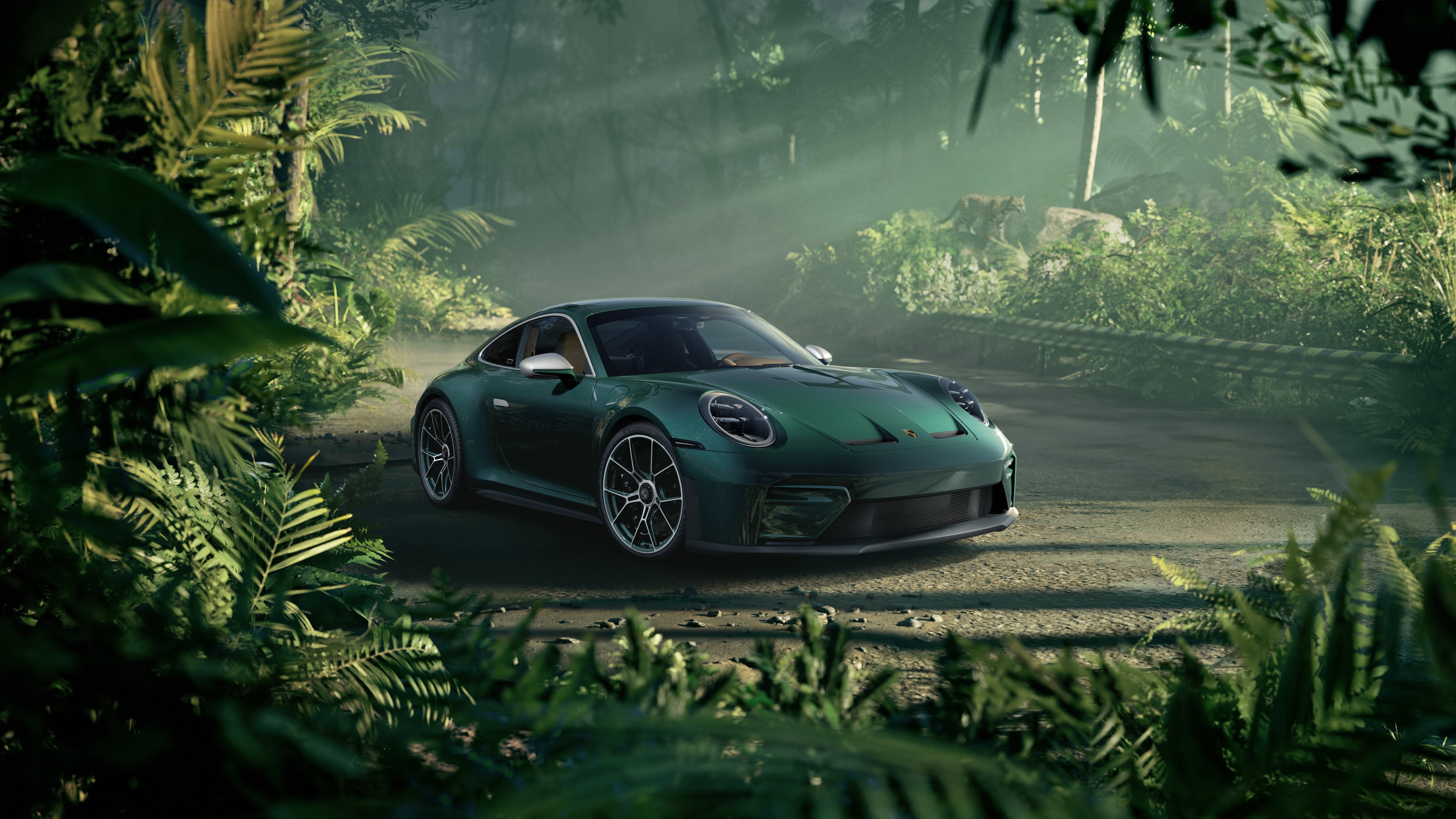 A high-detail shot of a Porsche 911 GT3 Touring featuring a deep green aesthetic and sleek automotive design.