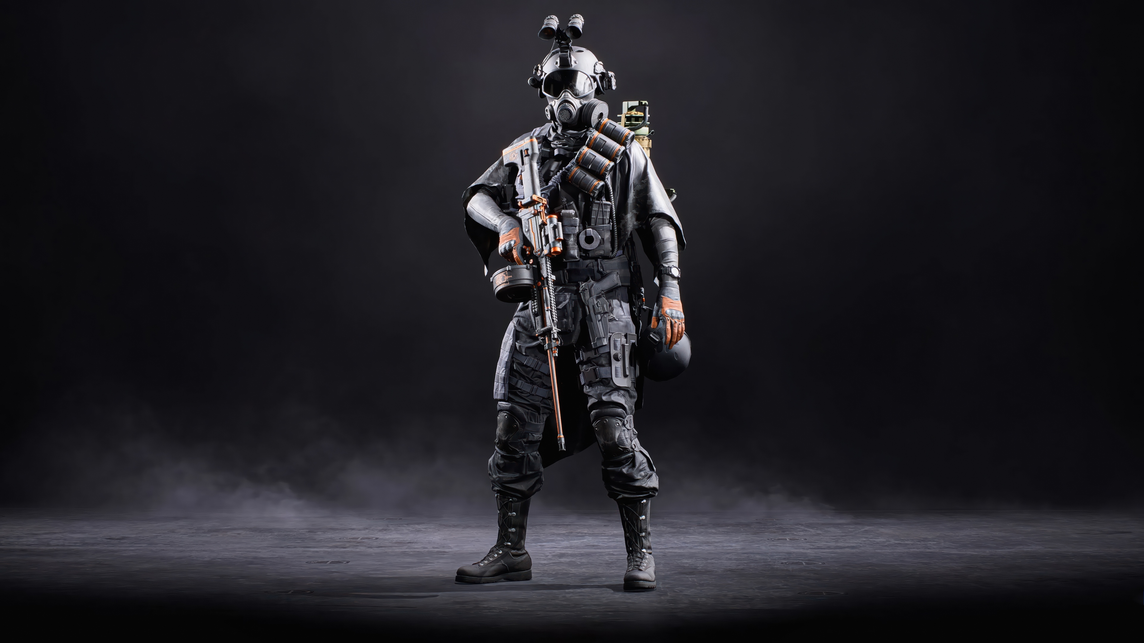 Cinematic close-up of a soldier in dark tactical gear against a black background, representing modern combat warfare.