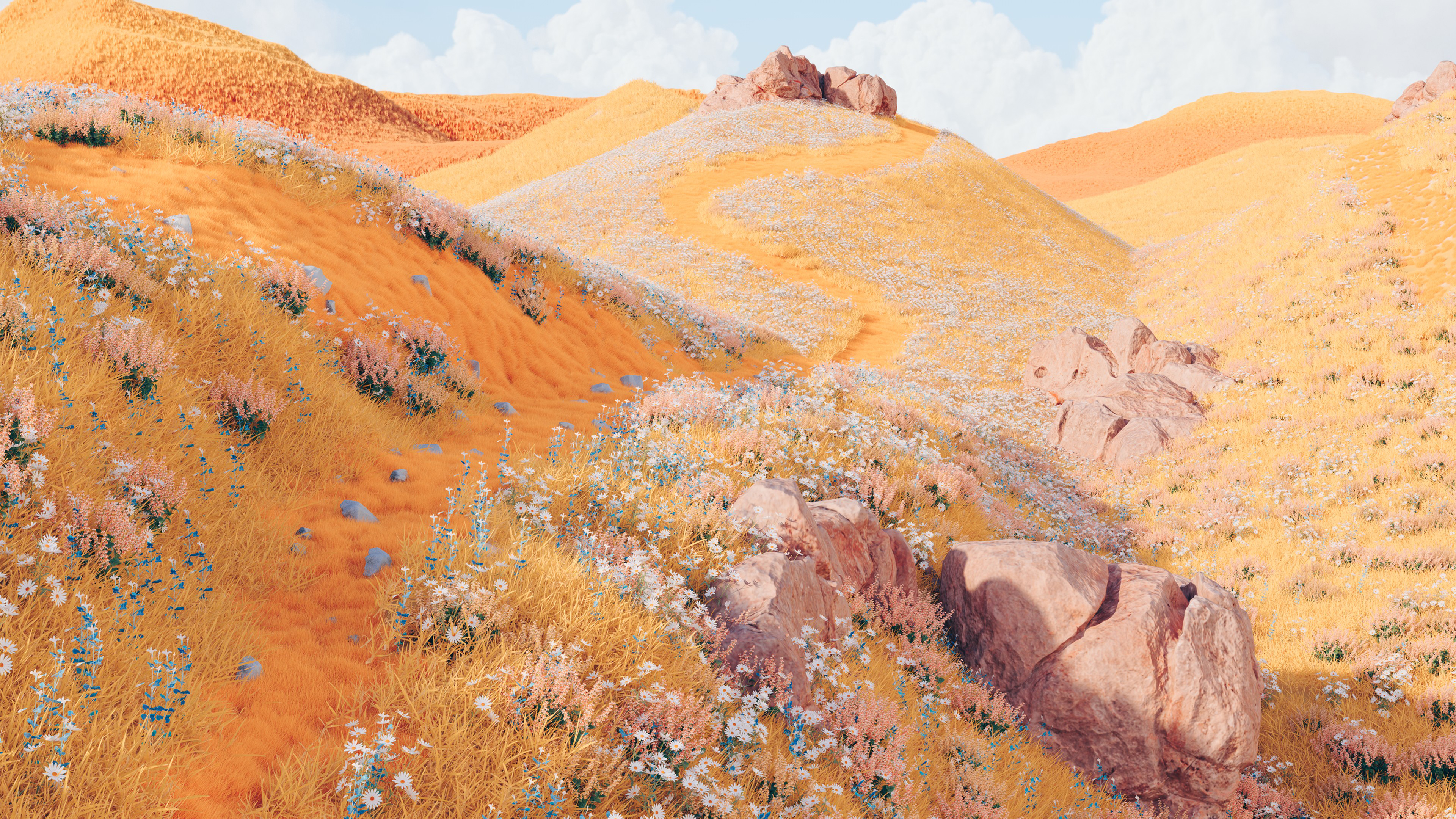 A surreal landscape of rolling golden hills under a warm, yellow-toned sky.