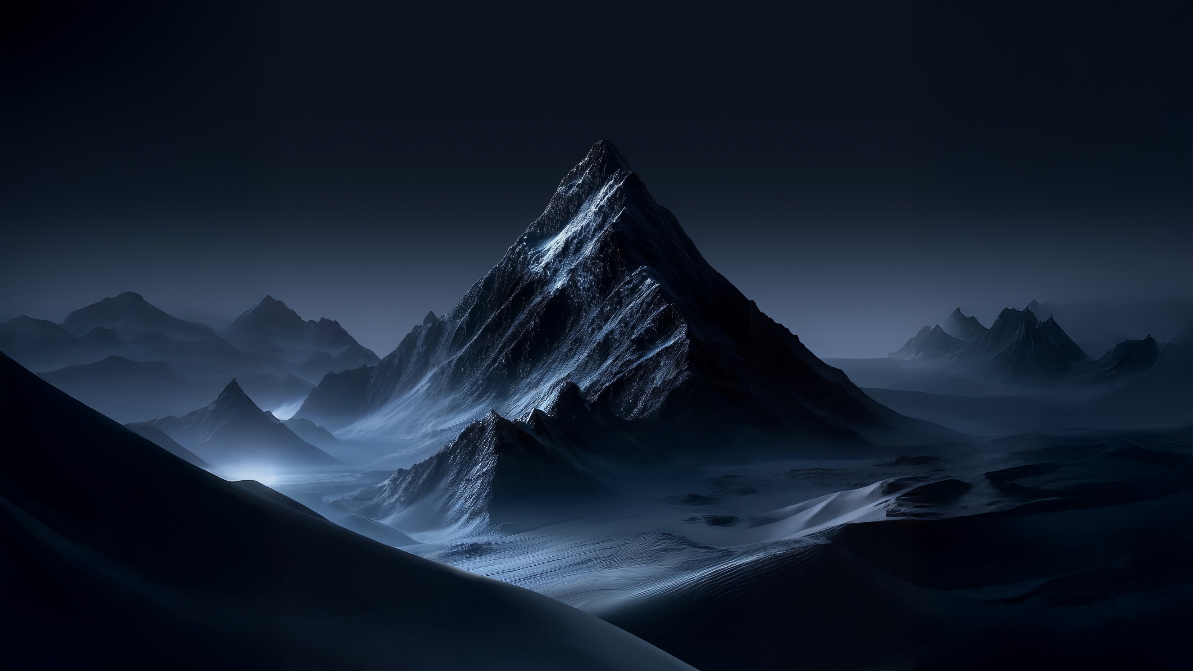 A dark blue nocturnal landscape featuring snow-covered mountain peaks under an ethereal night sky.