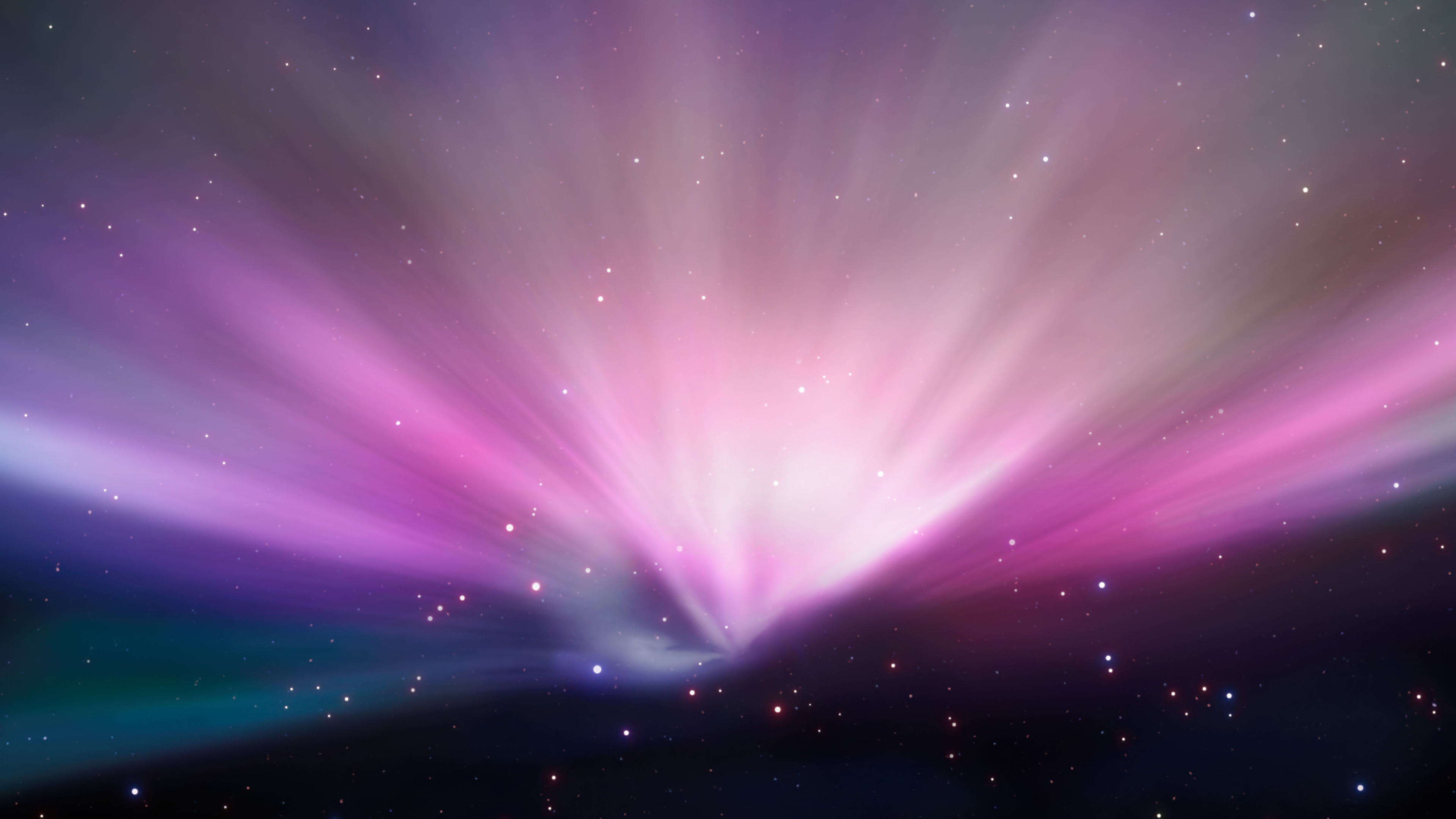 A vibrant pink aurora borealis flowing across a dark night sky filled with bright, twinkling stars.