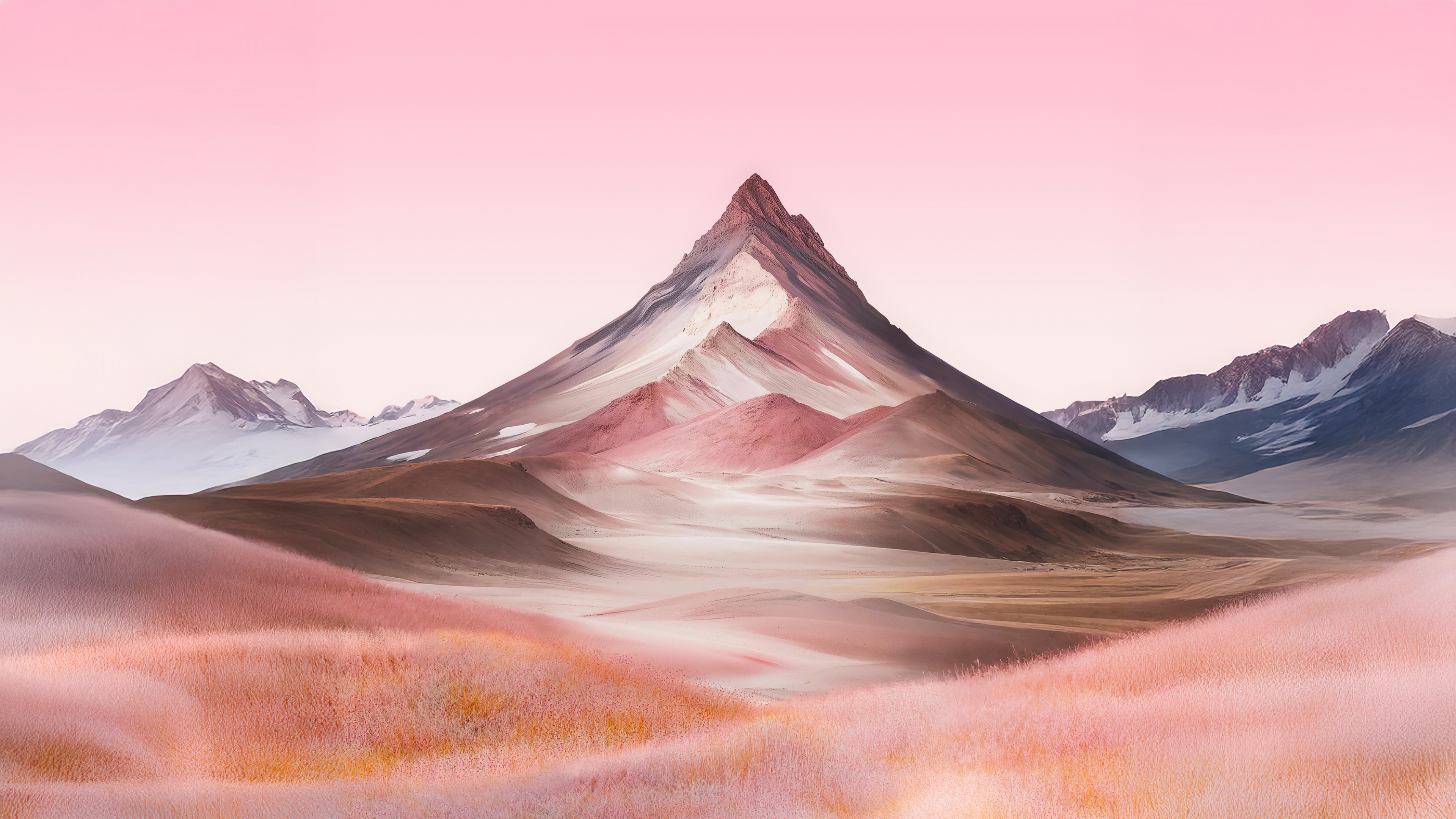 A majestic mountain peak silhouetted against a vibrant, glowing pink sky in a dreamy landscape.