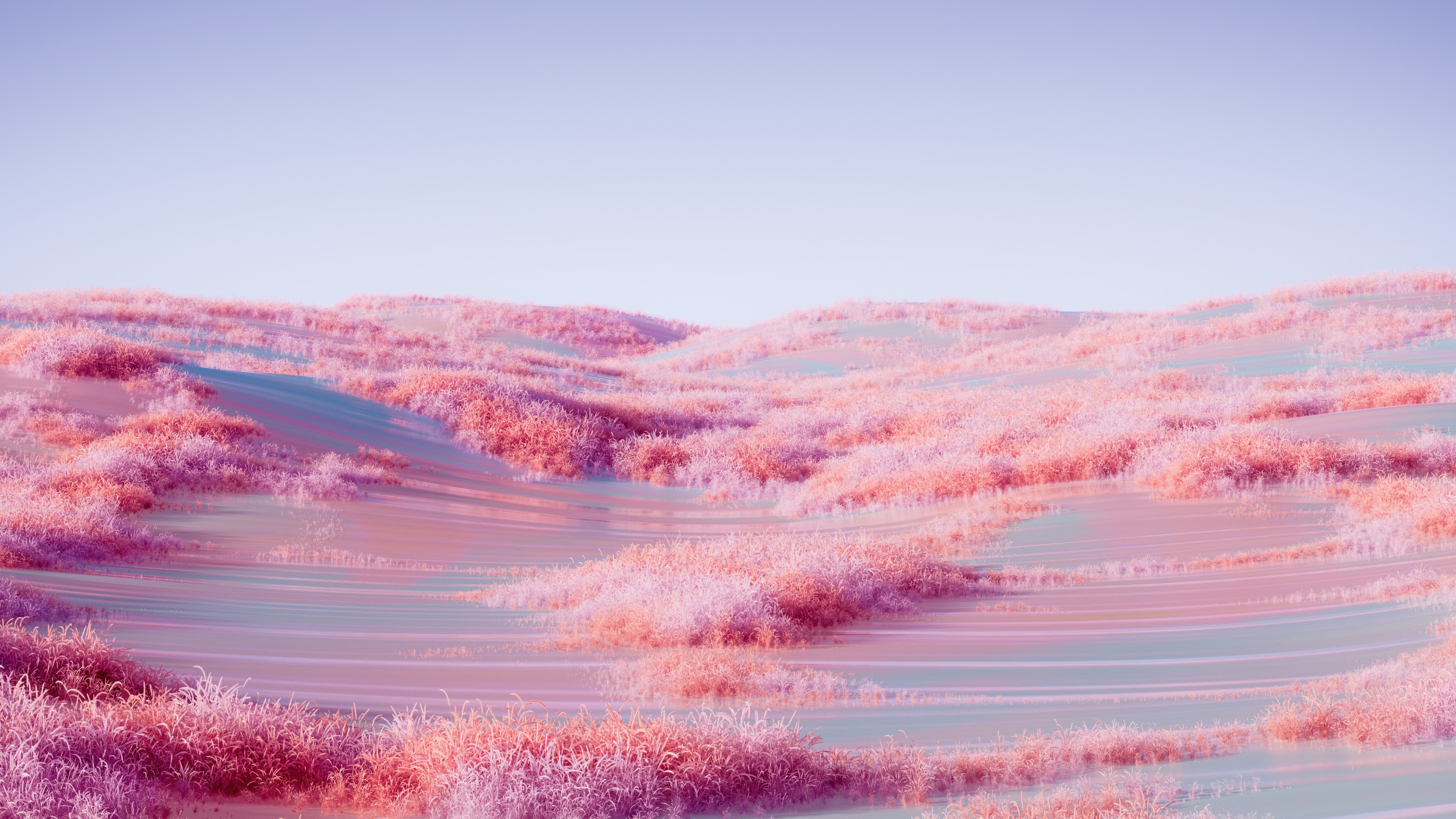 A dreamy surreal landscape of rolling pink hills and a vast grass field under a soft pink sky.
