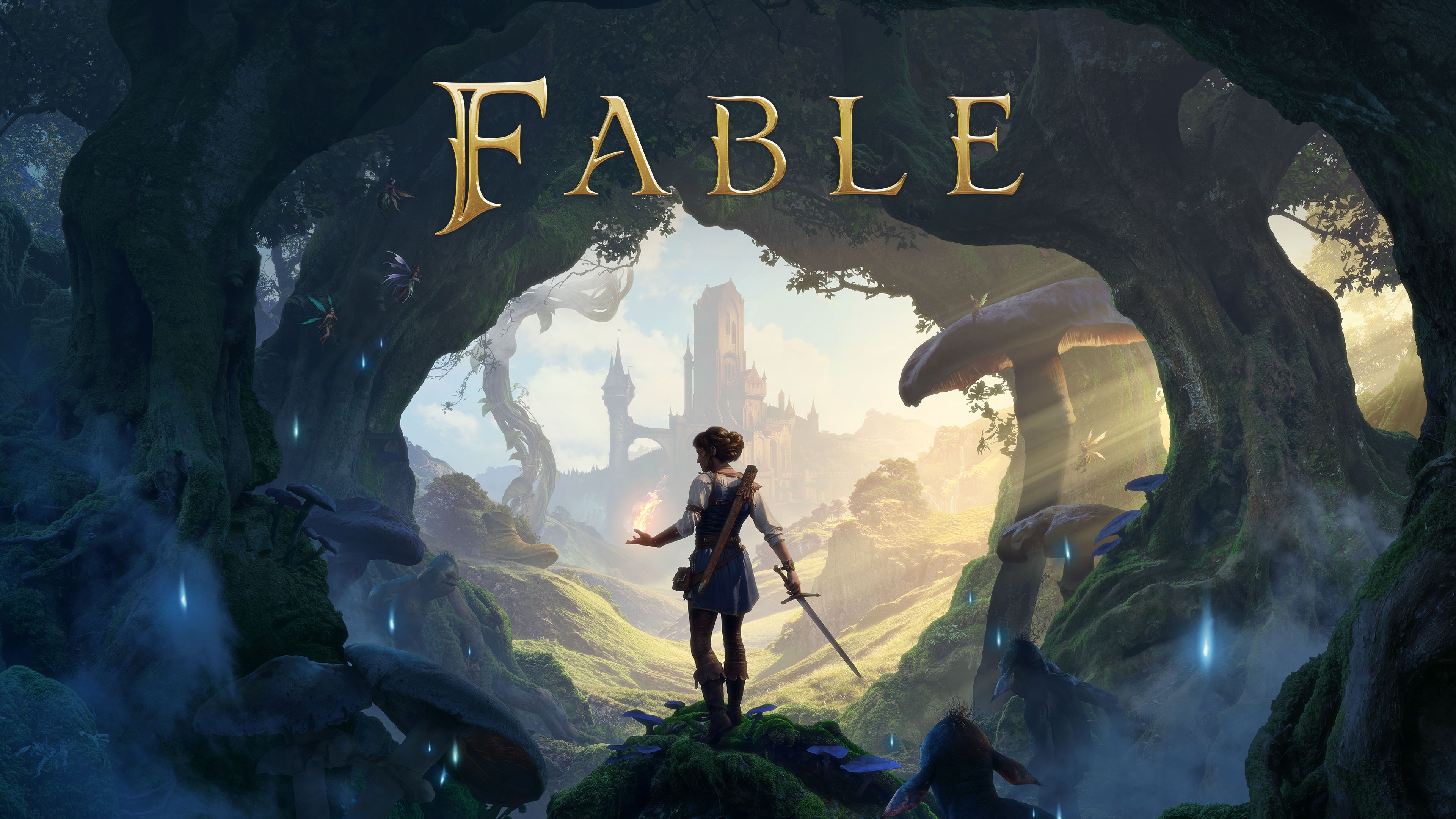 A cinematic depiction of a fantasy hero standing amidst a lush, enchanted landscape, serving as the official cover art for the Fable video game series.