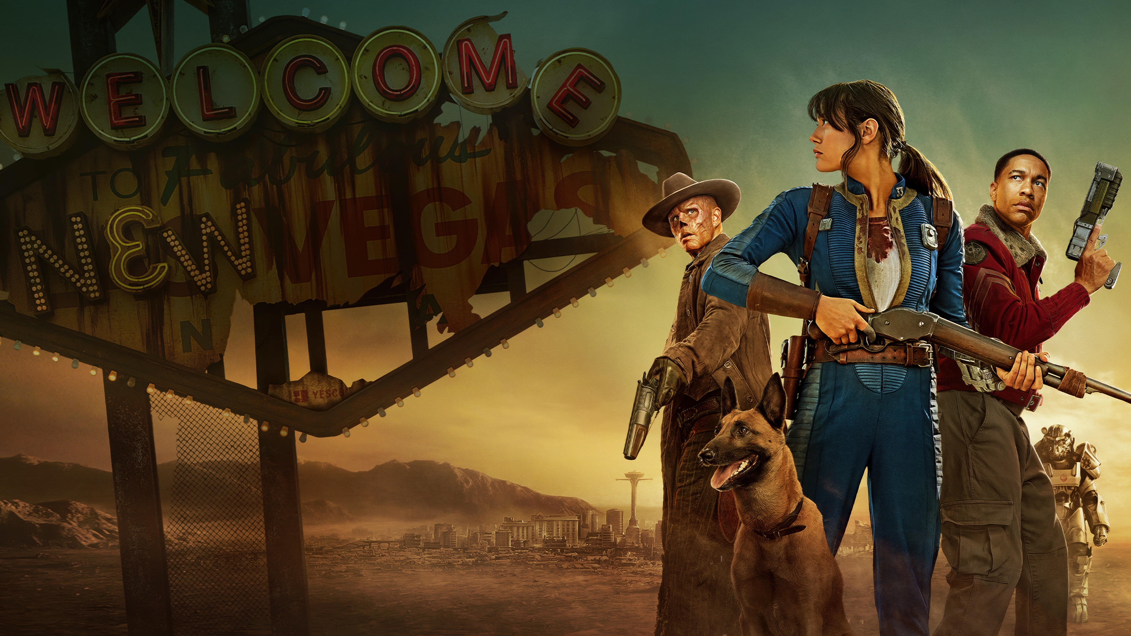A cinematic, detailed shot of characters from the Fallout TV series in a wasteland setting.