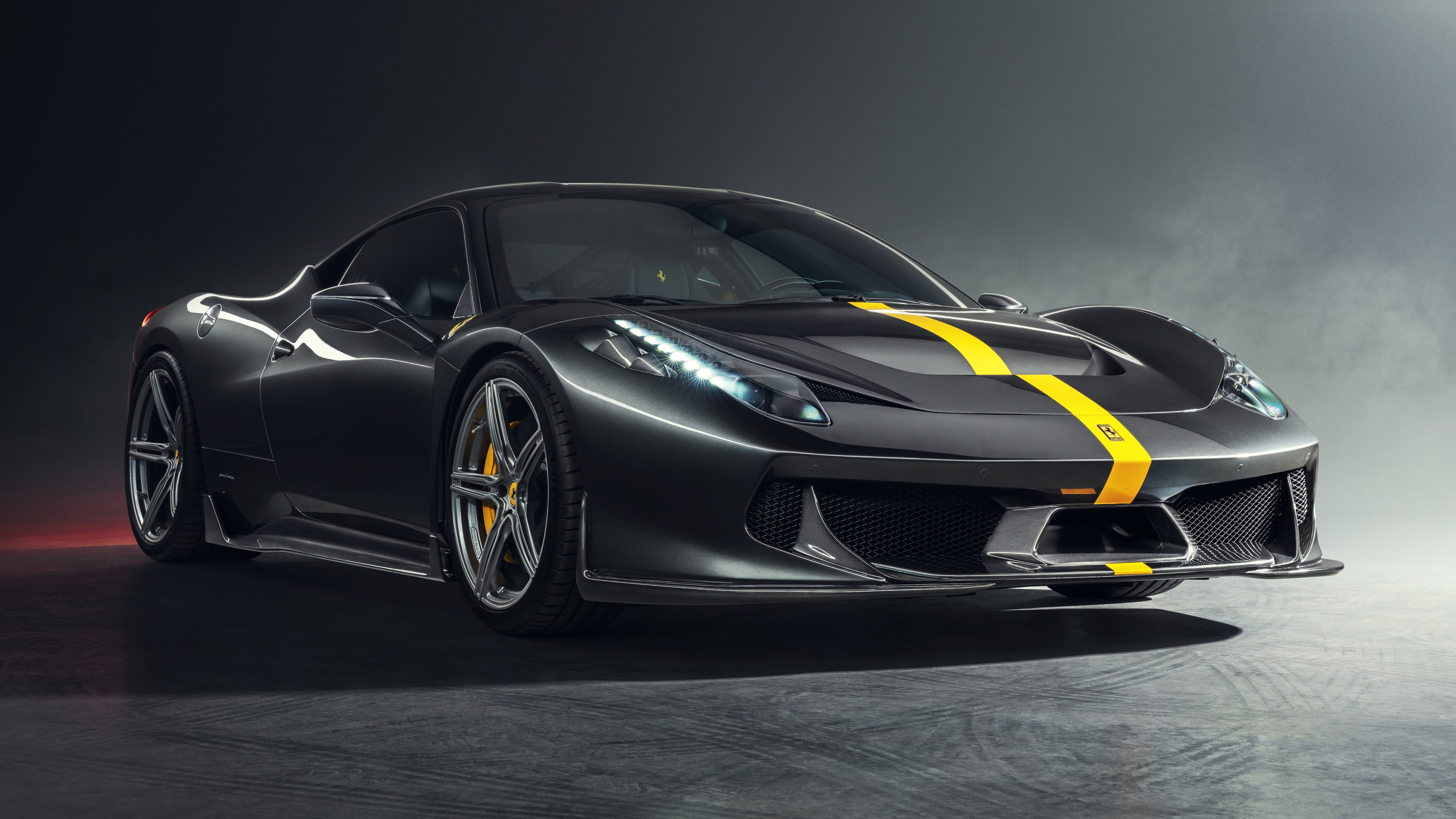 A detailed close-up of a Ferrari 458 featuring carbon fiber accents and sleek sports car contours.