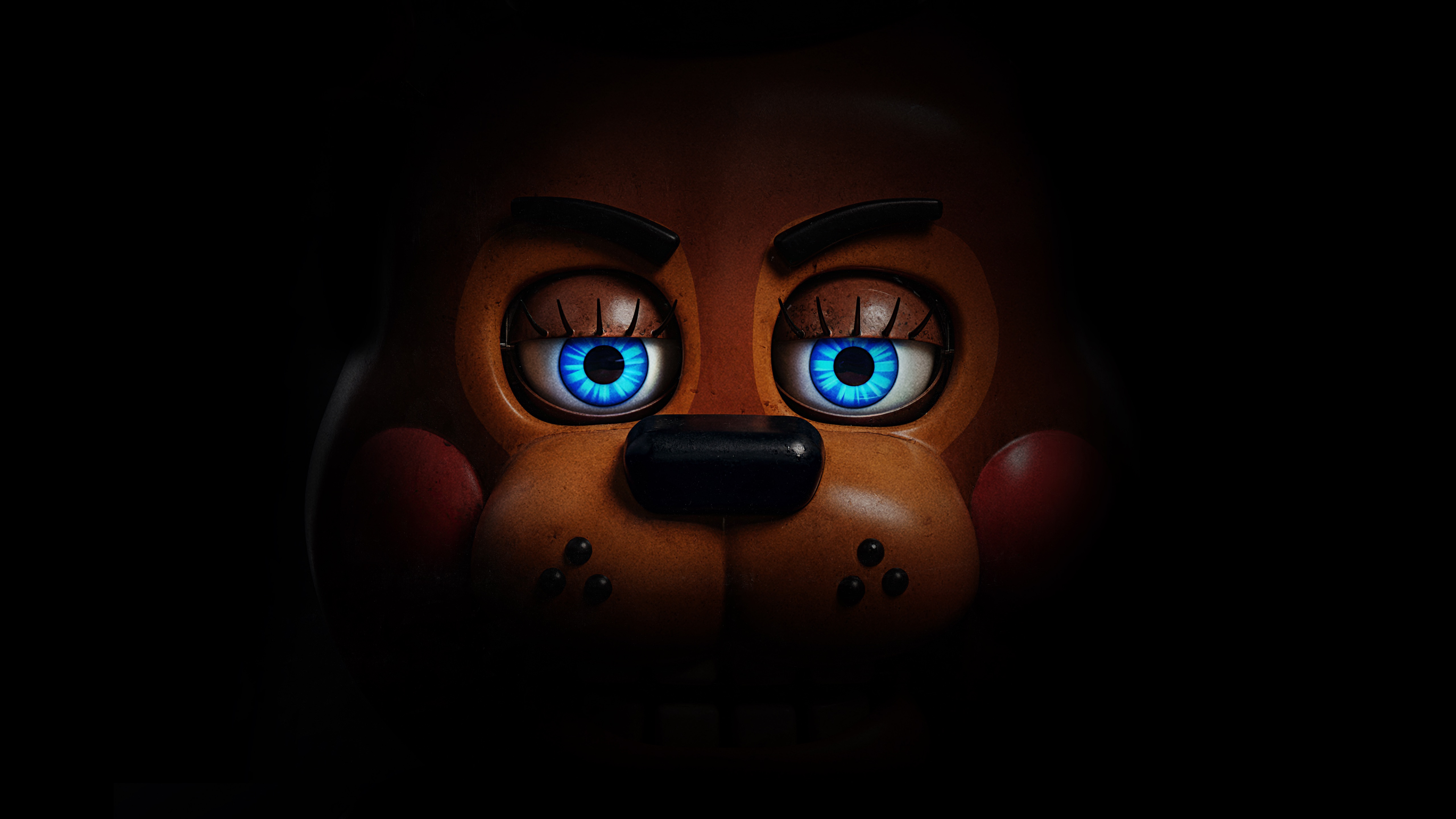 A cinematic, high-detail close-up of Freddy Fazbear from Five Nights at Freddy's against a black background