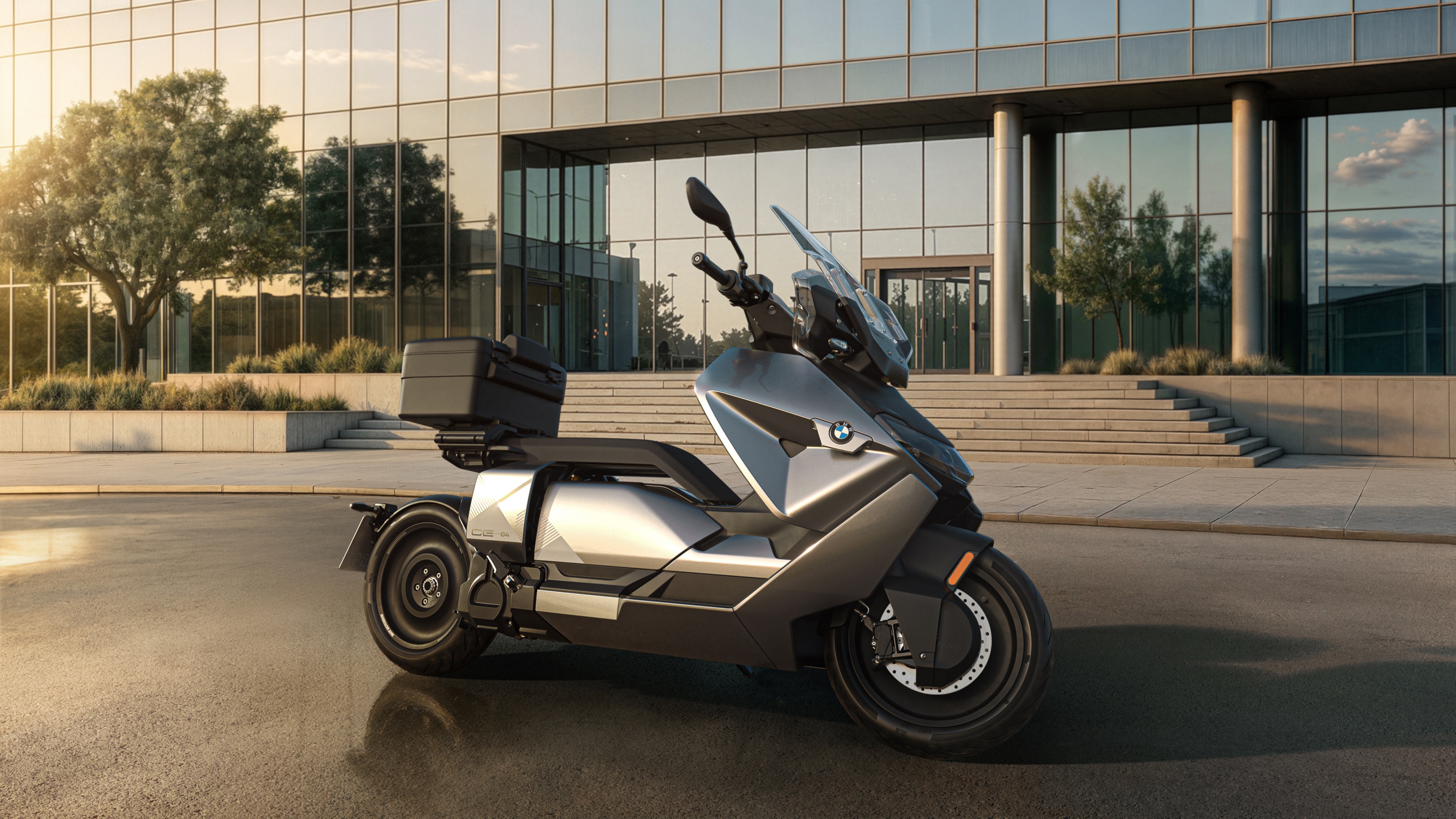 A modern 2025 electric scooter with a sleek design in a futuristic urban city environment.