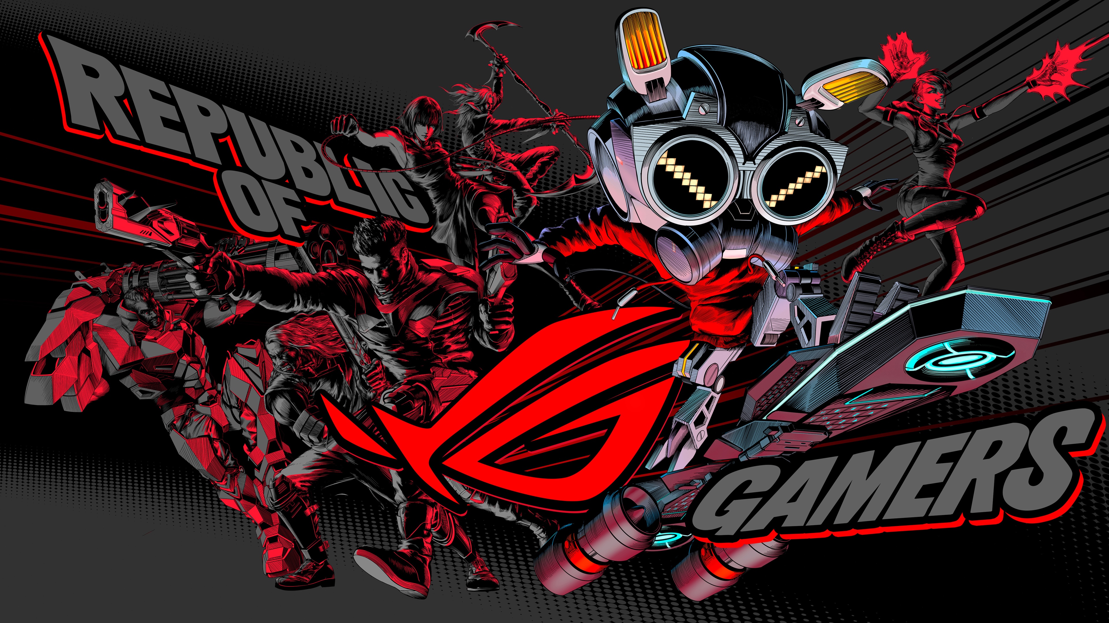 A futuristic dark theme background with a red aesthetic and ASUS ROG Republic of Gamers branding elements.