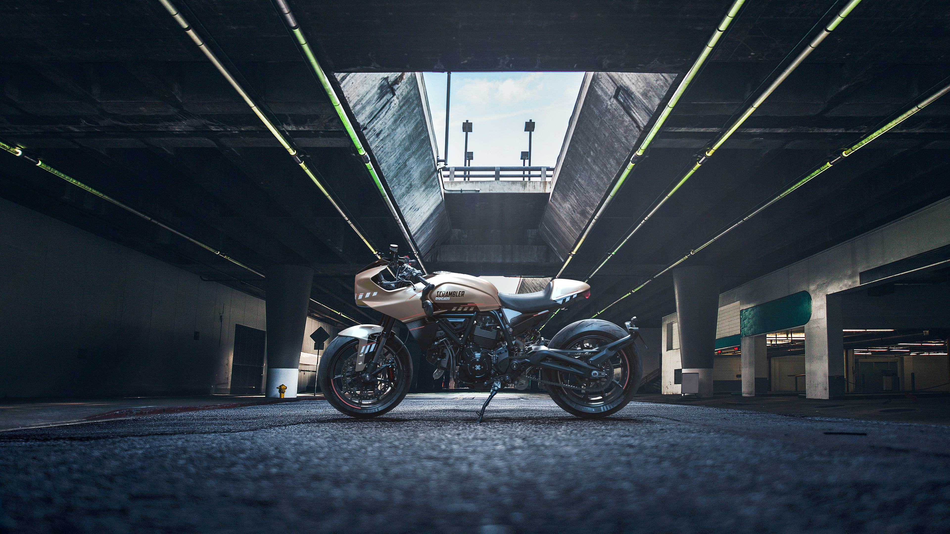 A high-tech cafe racer concept motorcycle with a streamlined frame and metallic accents.