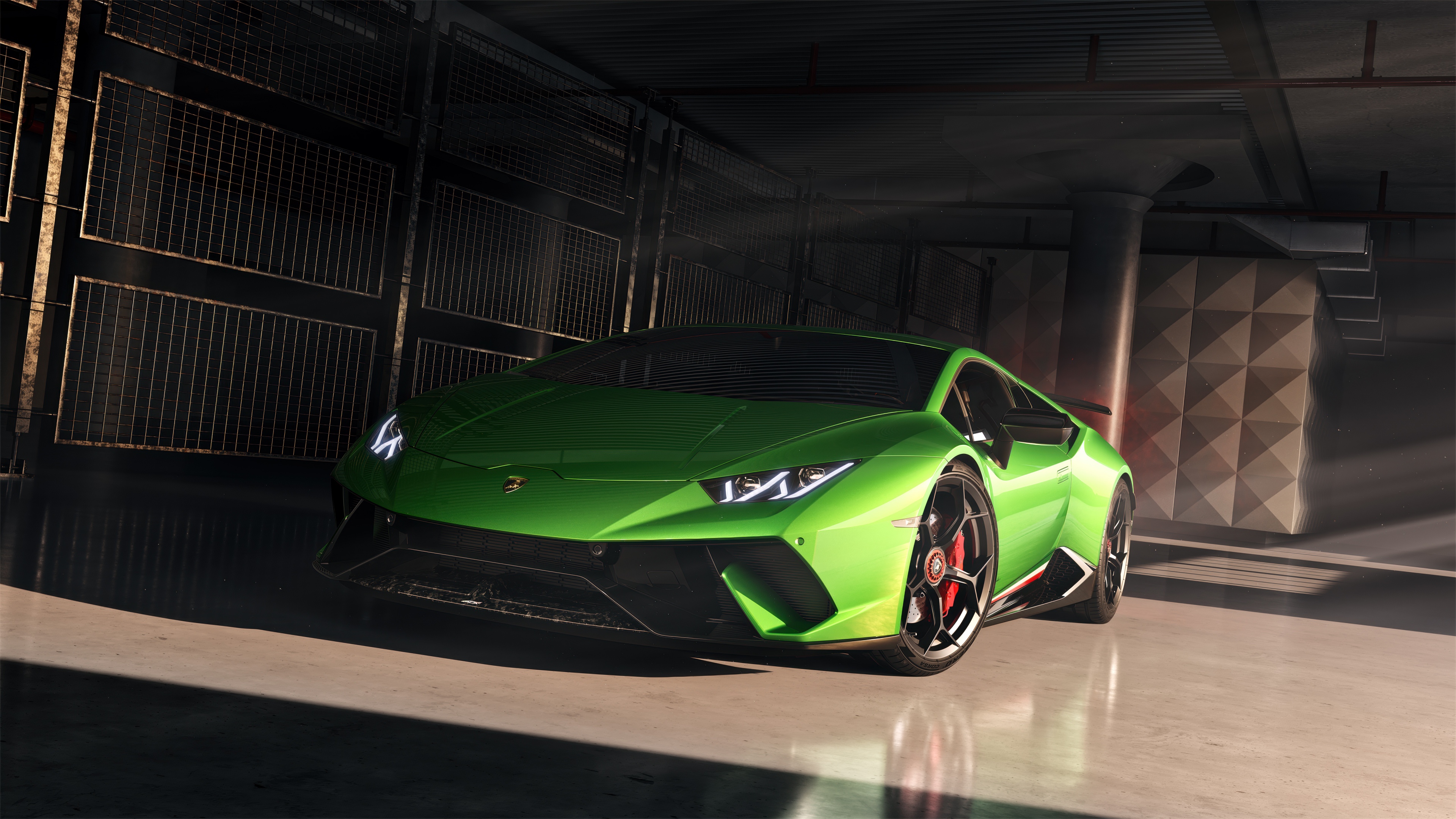 A high-detail, futuristic green Lamborghini Huracan Performante supercar.