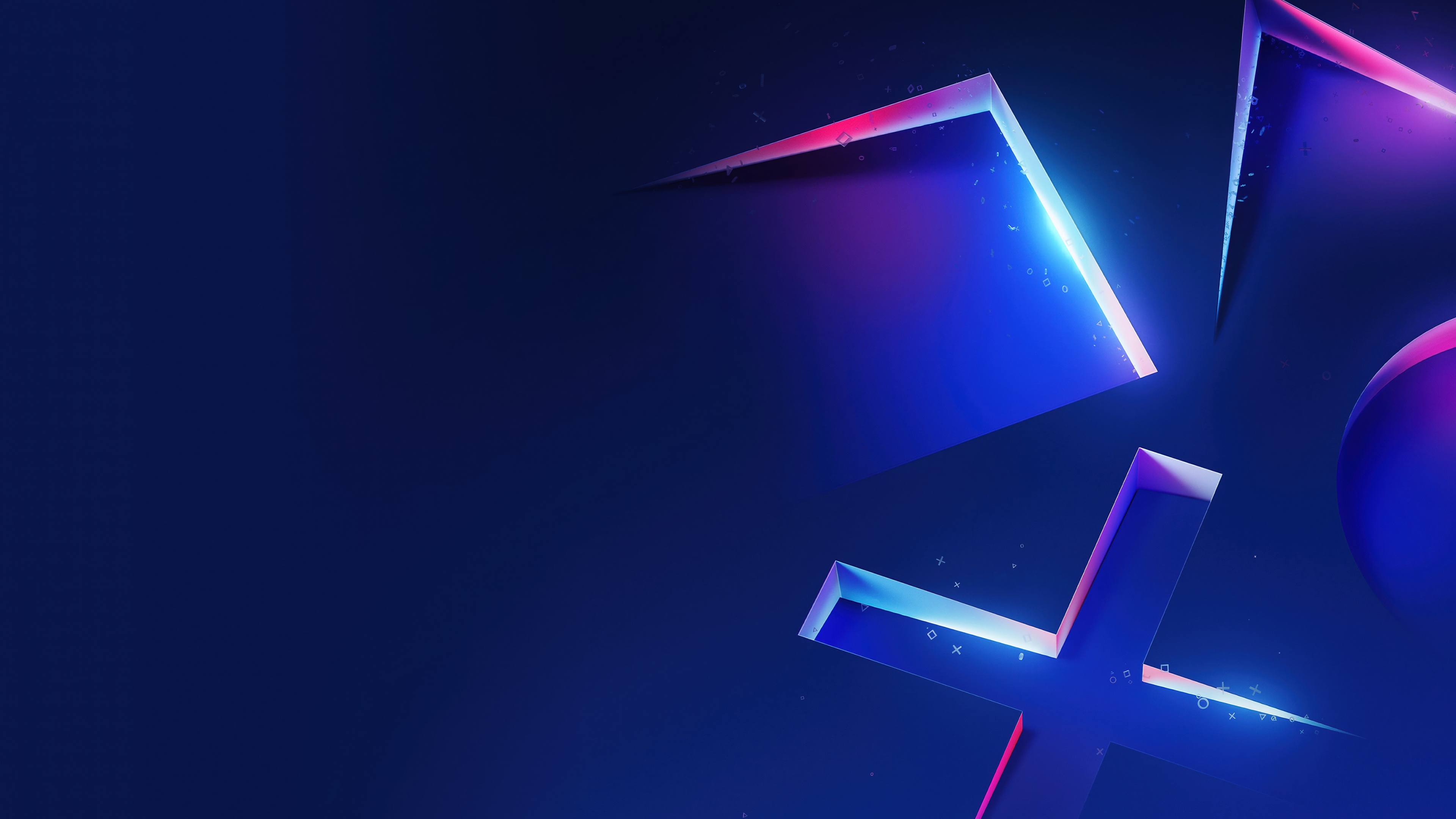 A PlayStation controller surrounded by glowing blue neon lights and futuristic geometric shapes.