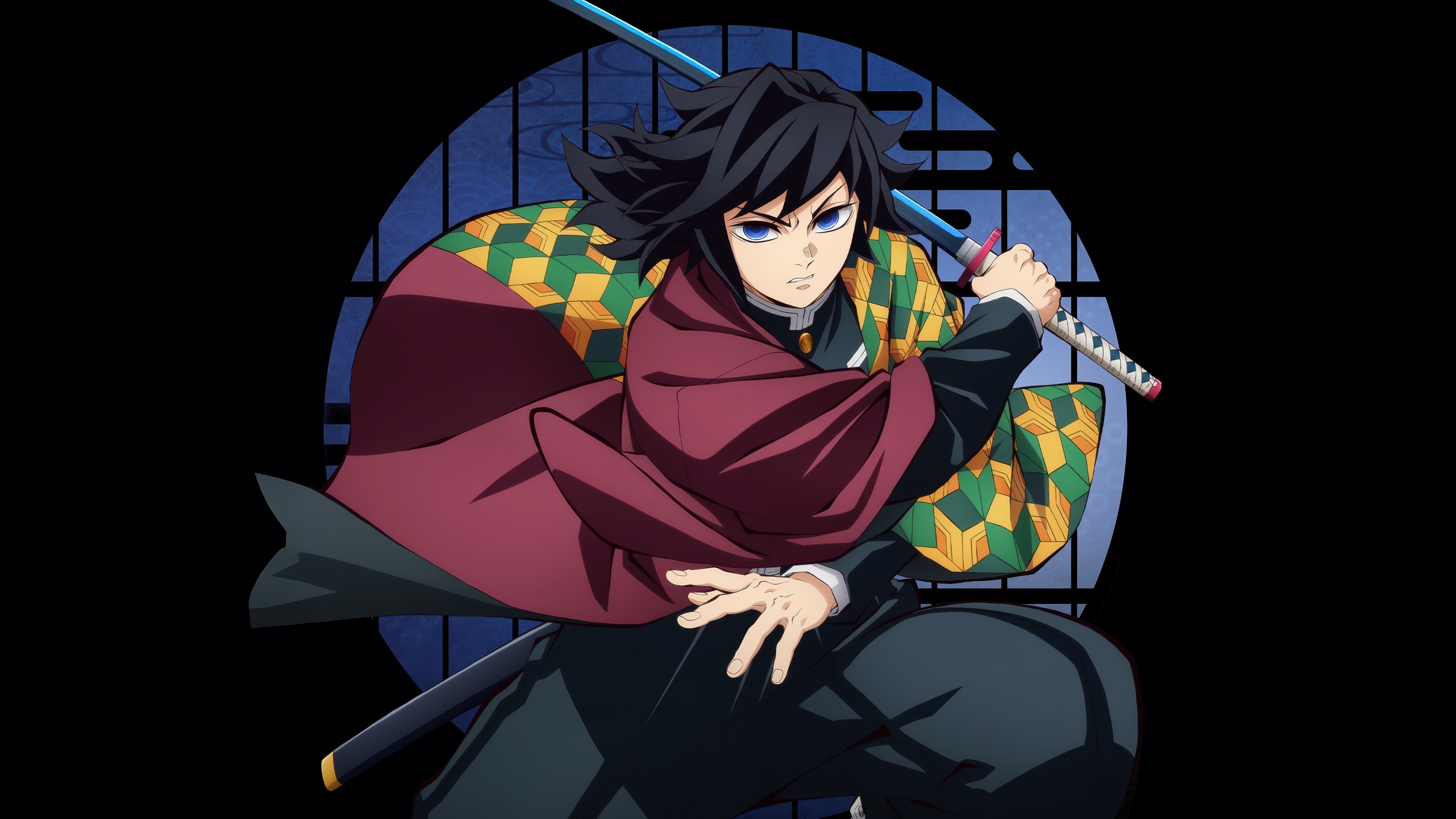 Cinematic 5K anime portrait of Giyu Tomioka from Demon Slayer: Kimetsu No Yaiba against a solid black background.