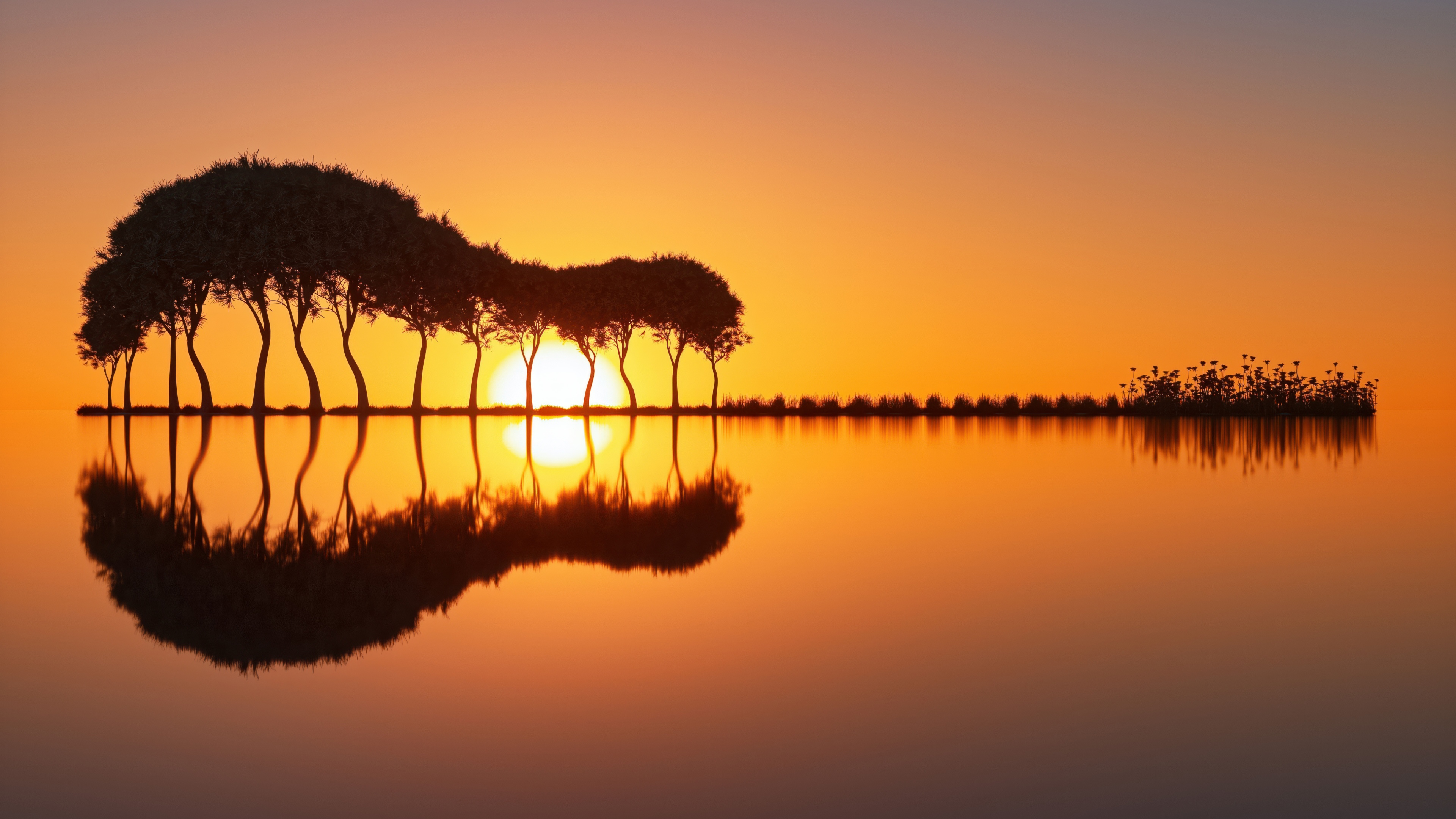 Silhouette of a surreal landscape with a vibrant orange sunset and reflections on water.