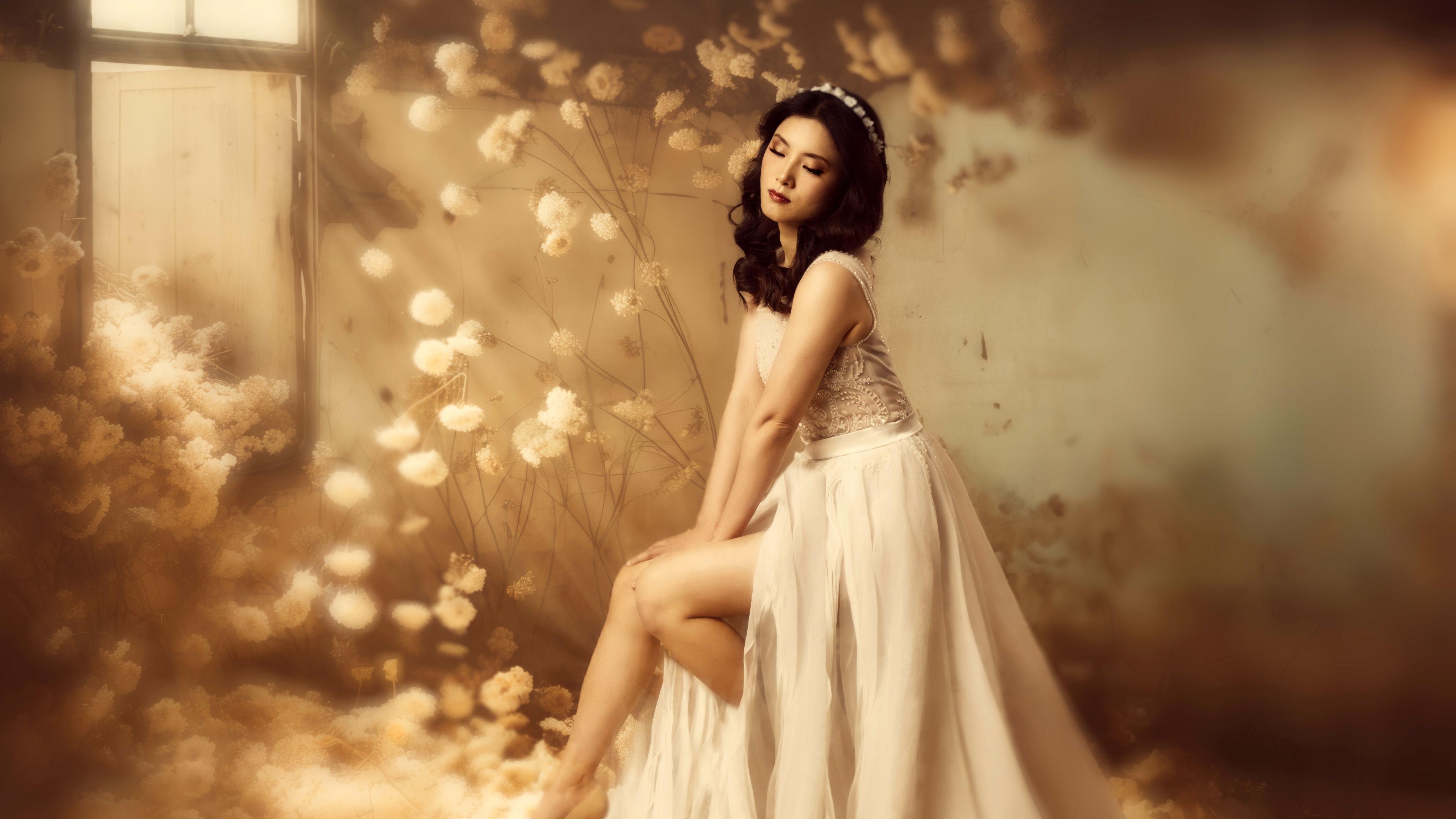 A beautiful South Korean woman surrounded by a lush, golden yellow floral background with high-detail textures.