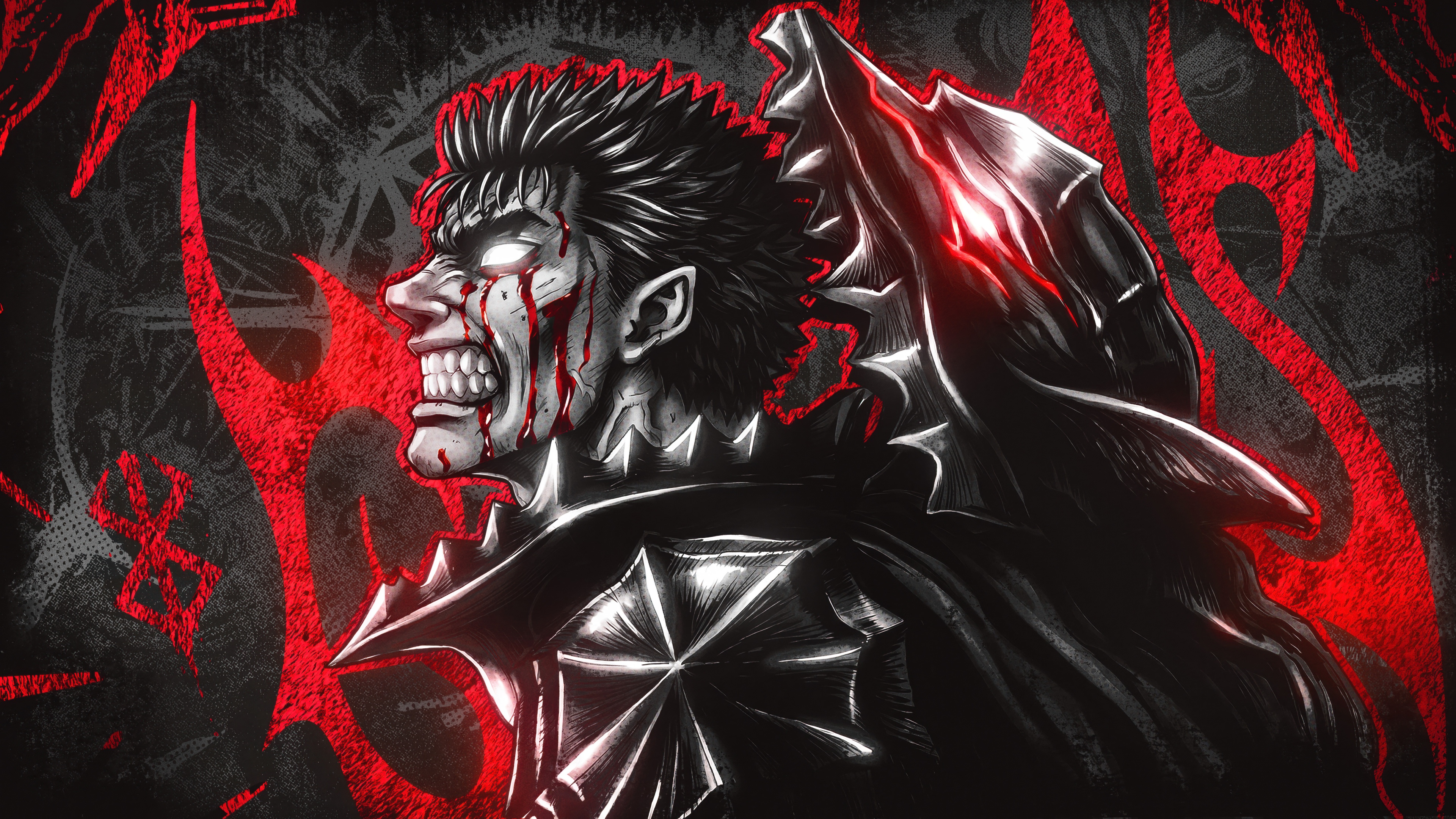A detailed illustration of Guts from Berserk wearing the iconic Berserker Armor.