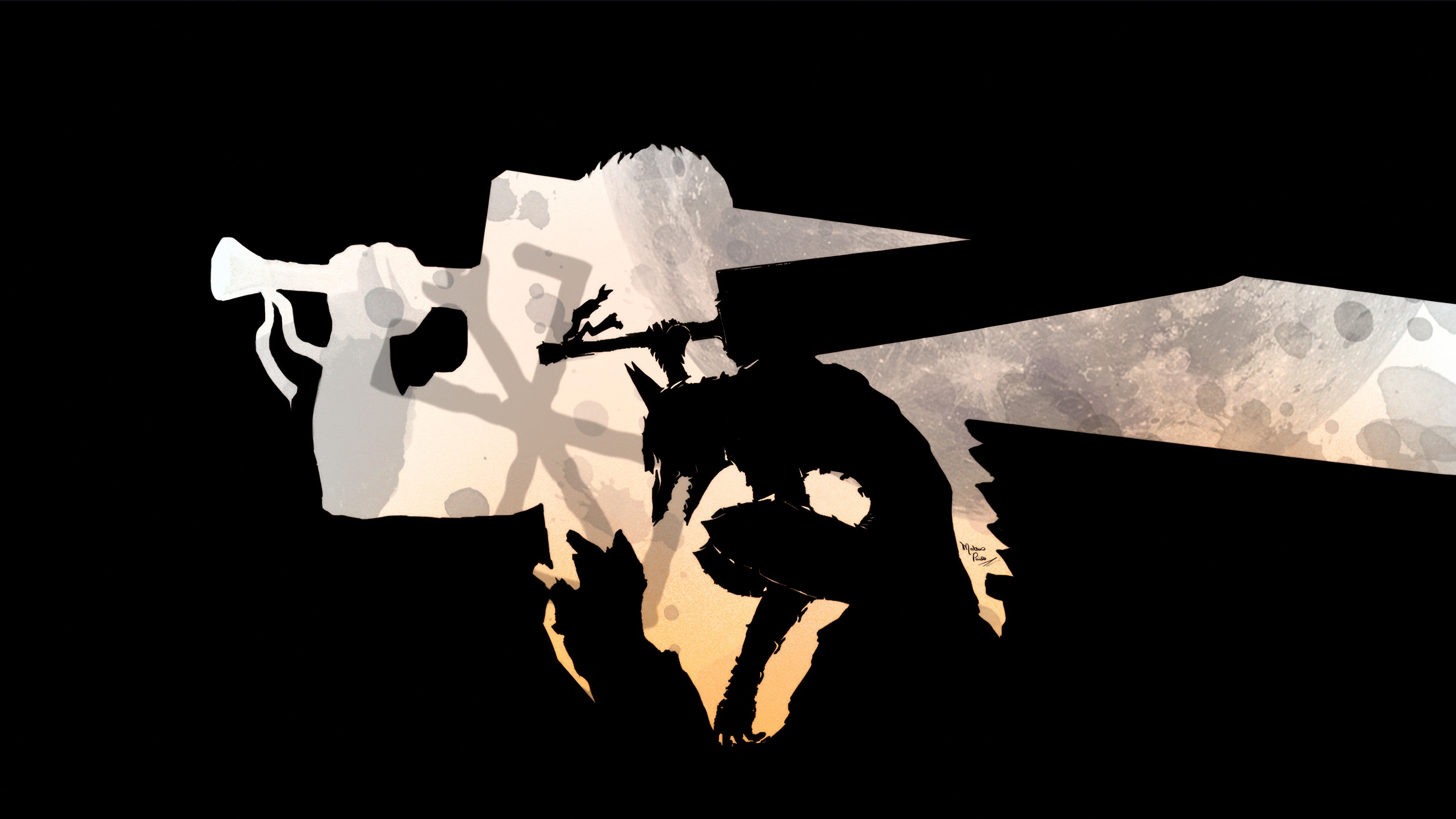 A high-contrast silhouette of Guts from Berserk holding the massive Dragon Slayer sword against a solid black background.