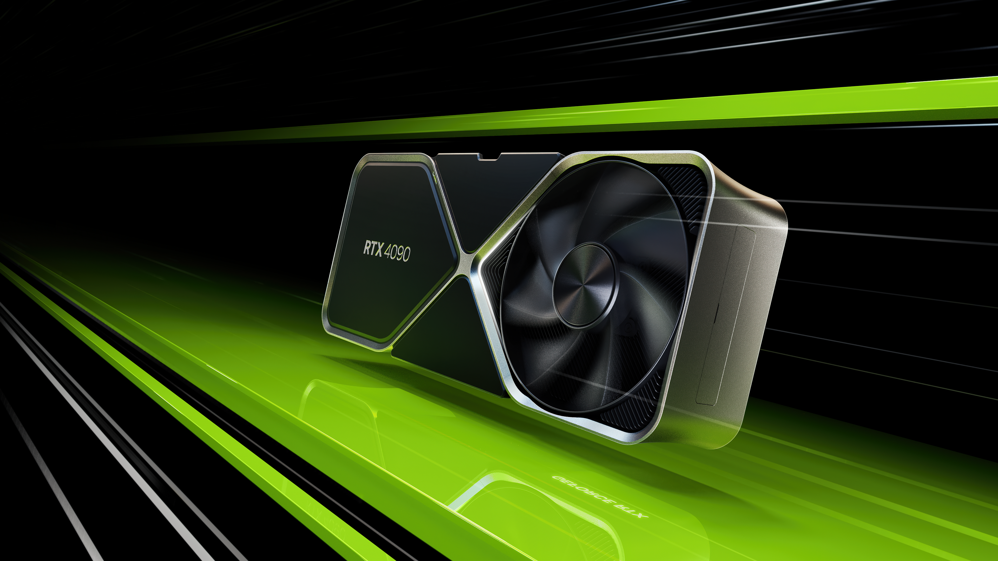 Close-up view of a powerful gaming graphics card featuring triple cooling fans and colorful RGB illumination.