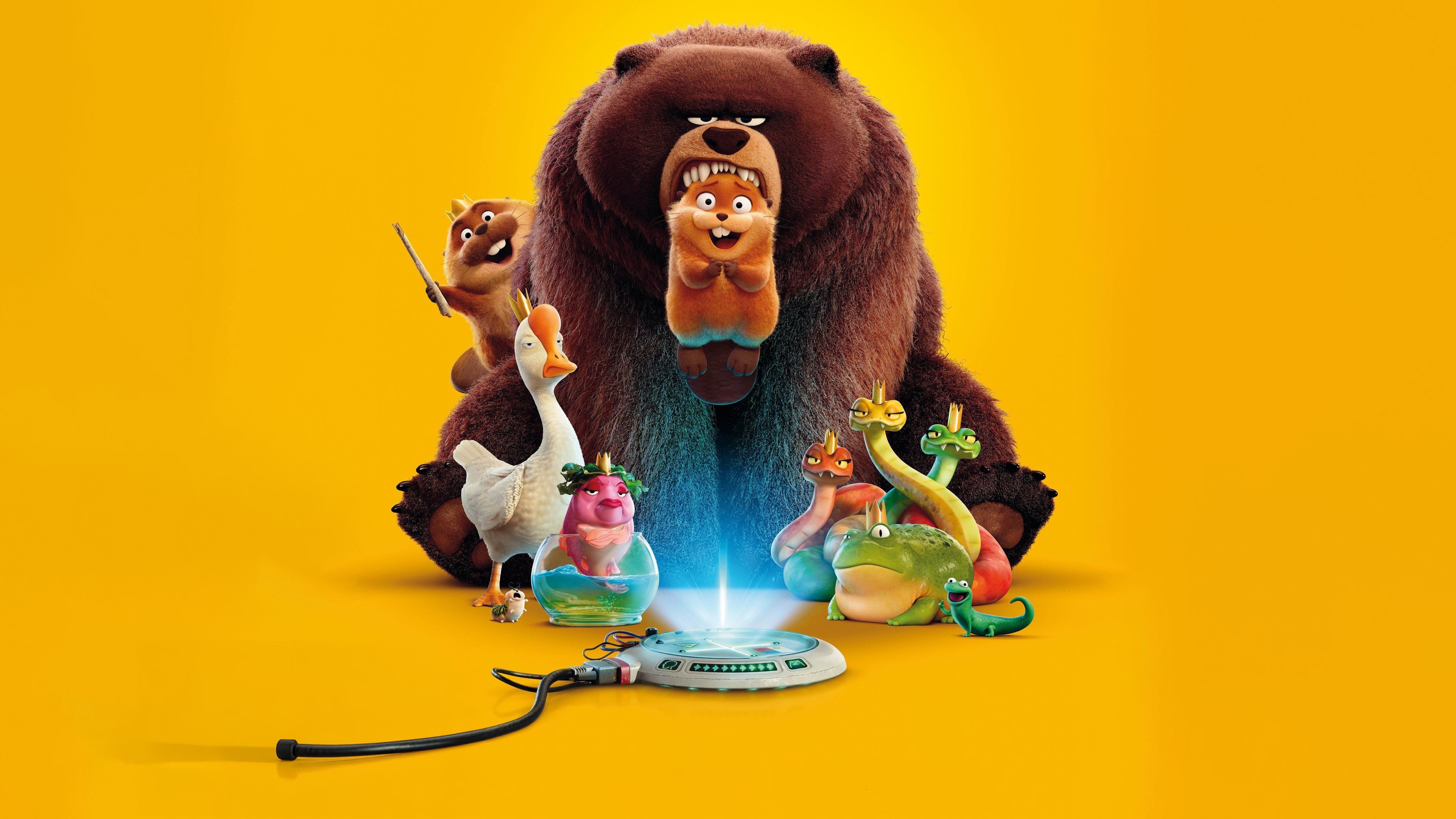 A cinematic movie poster for Pixar's Hoppers (2026) featuring a character set against a bold, solid yellow background in a high-detail 5K animation style.
