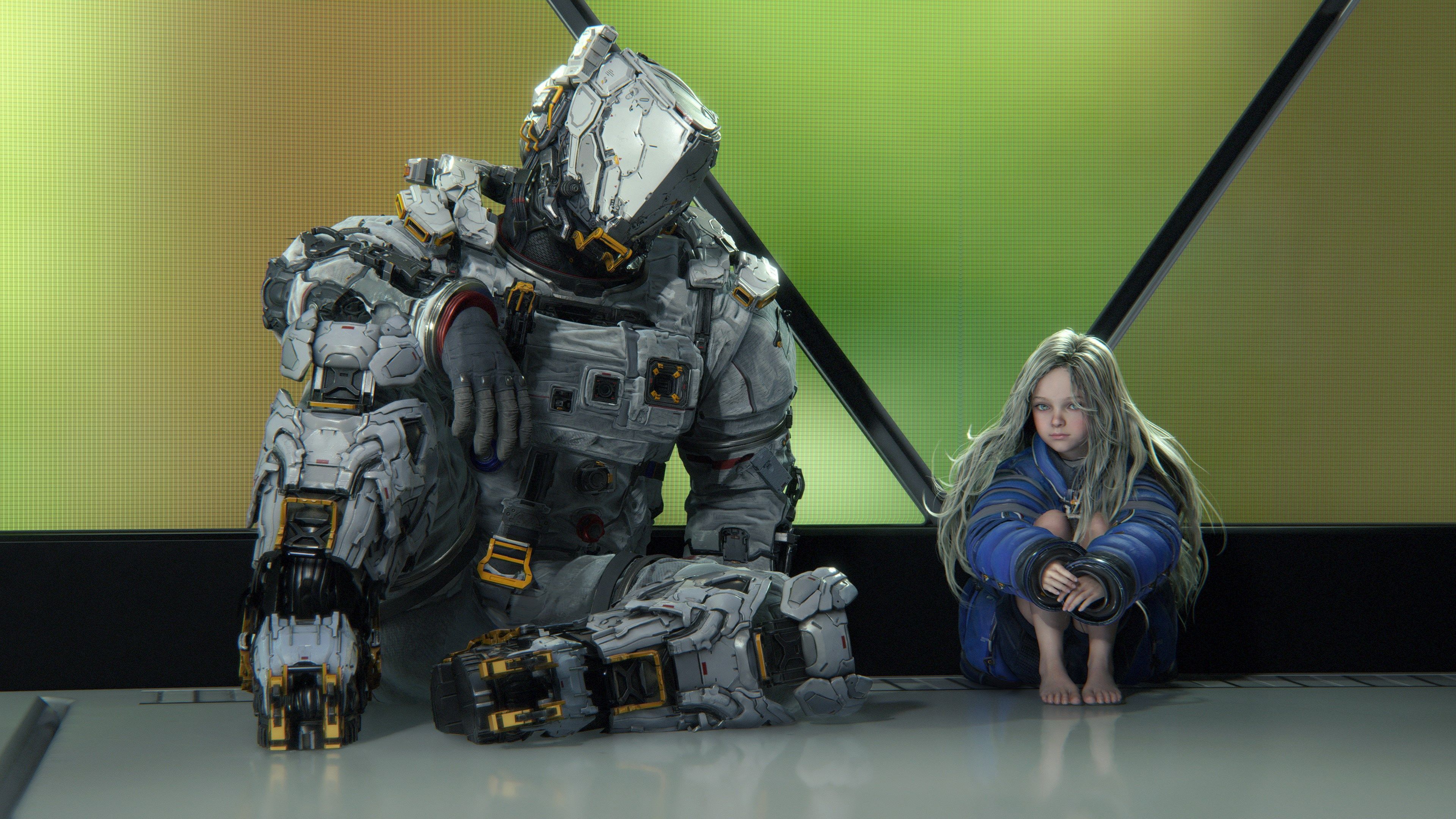 A cinematic screenshot of the characters Hugh and Diana from the game Pragmata.