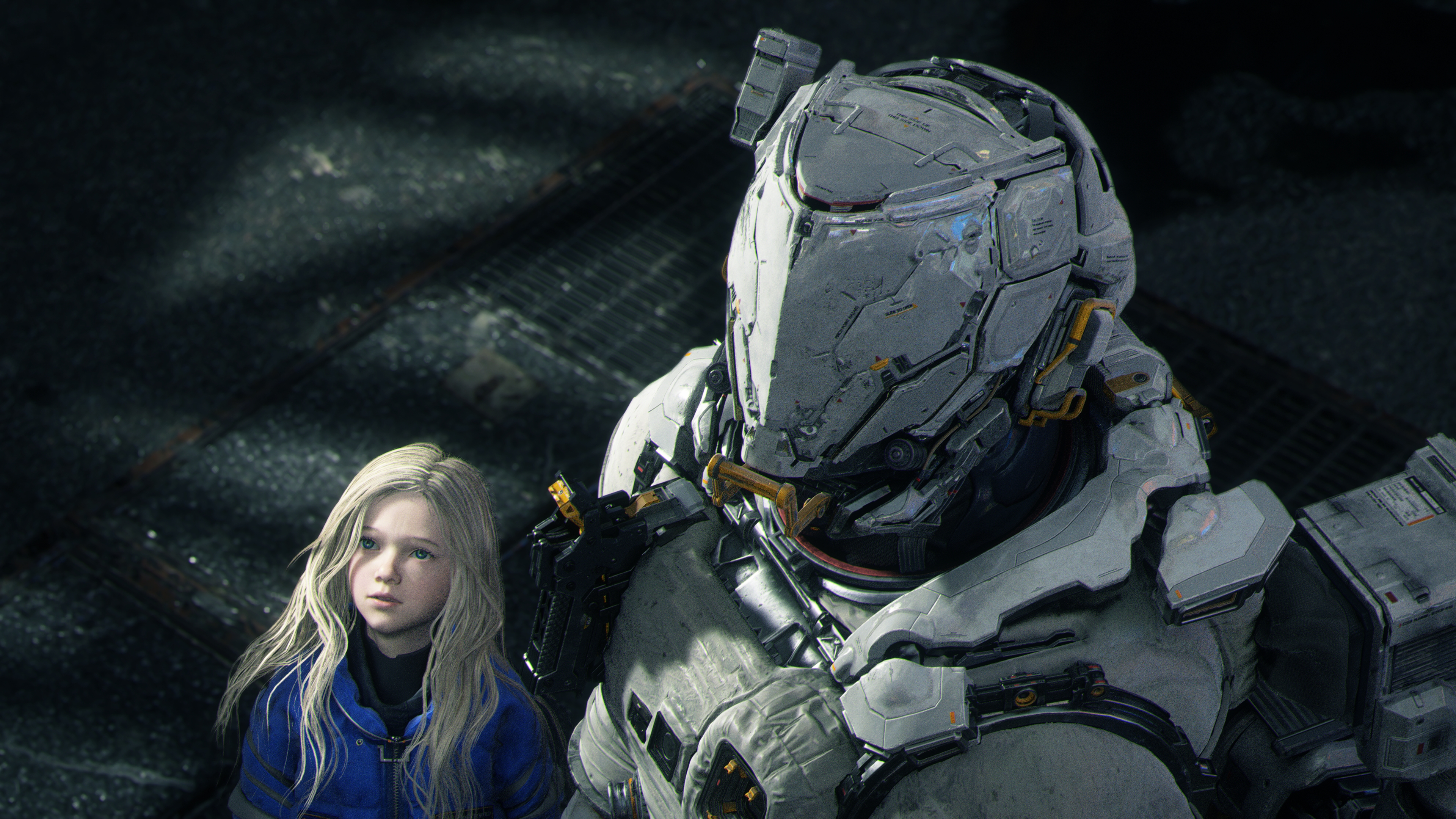A cinematic depiction of the characters Hugh and Diana from the video game Pragmata.