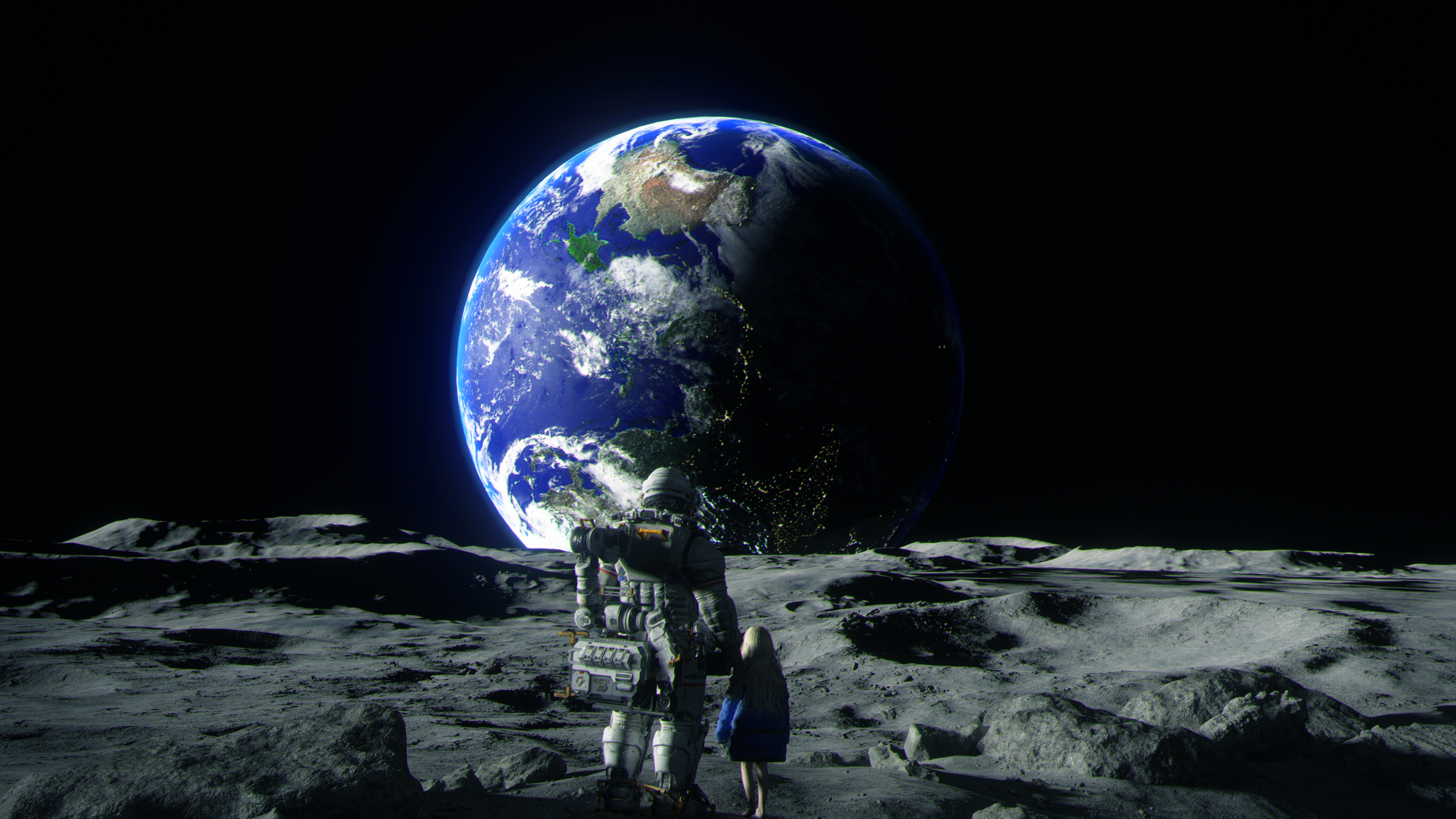 Characters Hugh and Diana from the video game Pragmata overlooking the lunar landscape with Planet Earth visible in the distance.