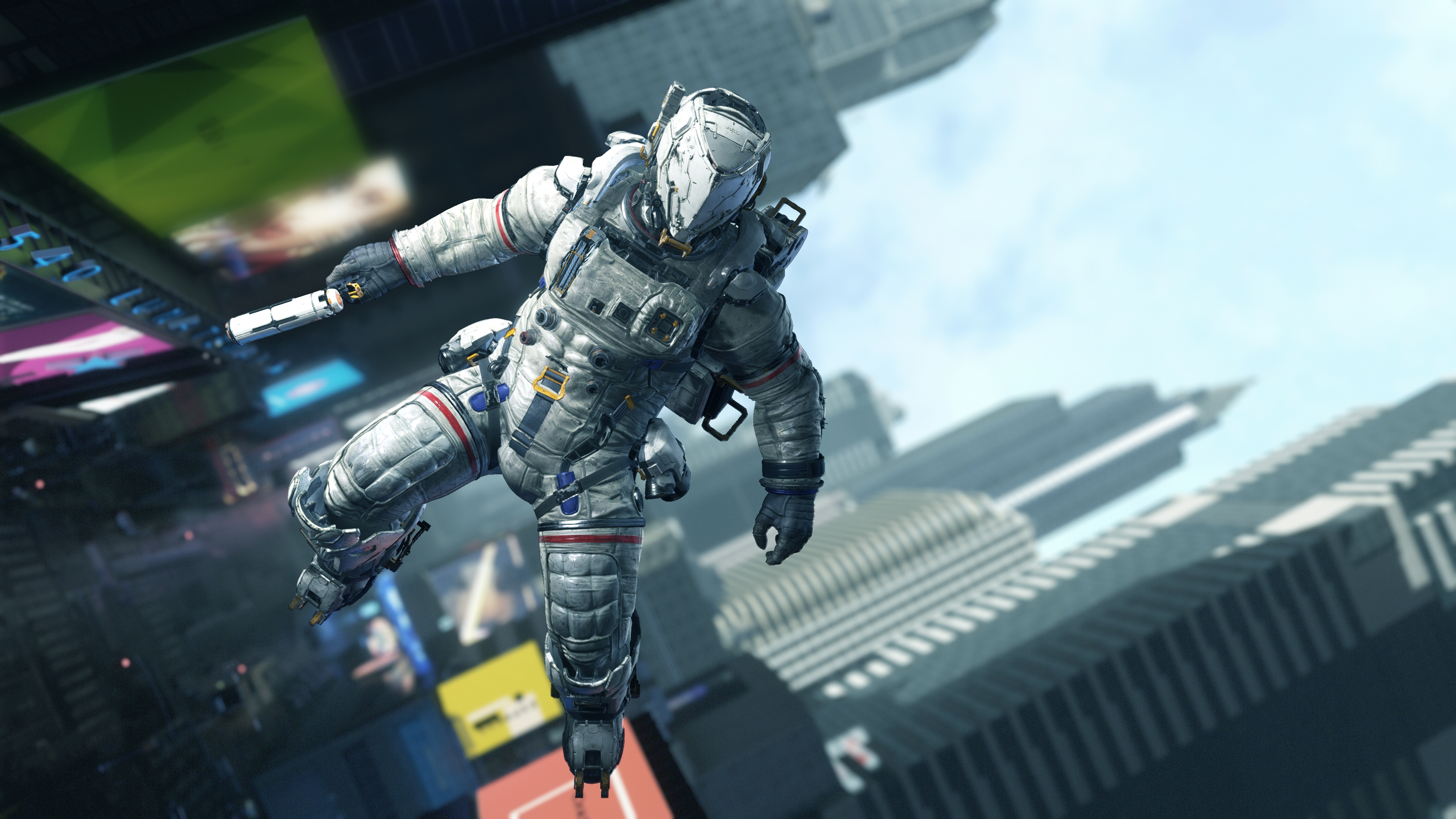 A cinematic gameplay screenshot of the character Hugh from the video game Pragmata.