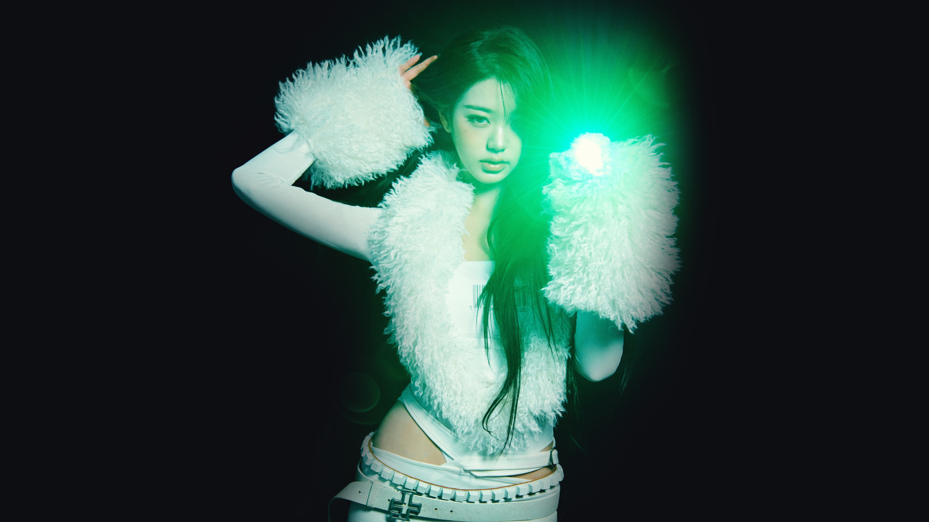 Cinematic portrait of K-pop star Jang Wonyoung from IVE against a dark background
