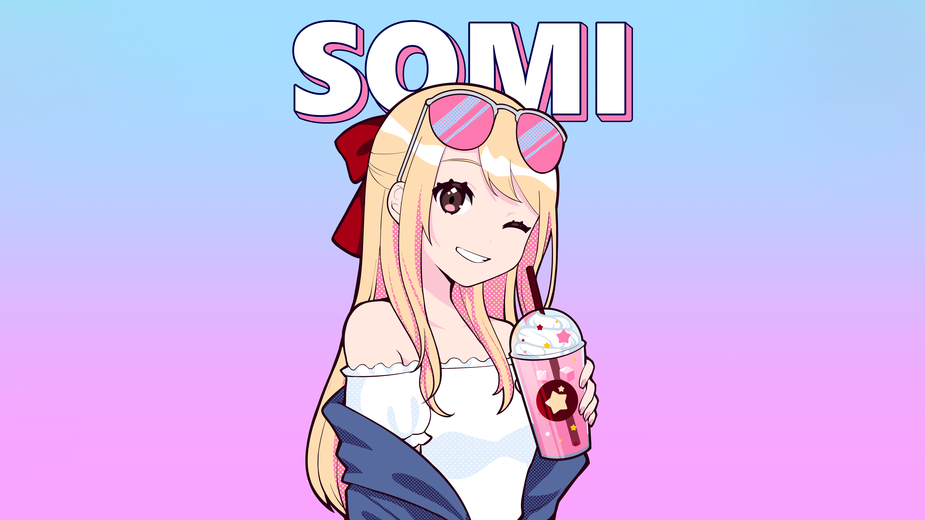 Anime illustration of Jeon Somi winking with sunglasses and holding boba tea against a gradient background.