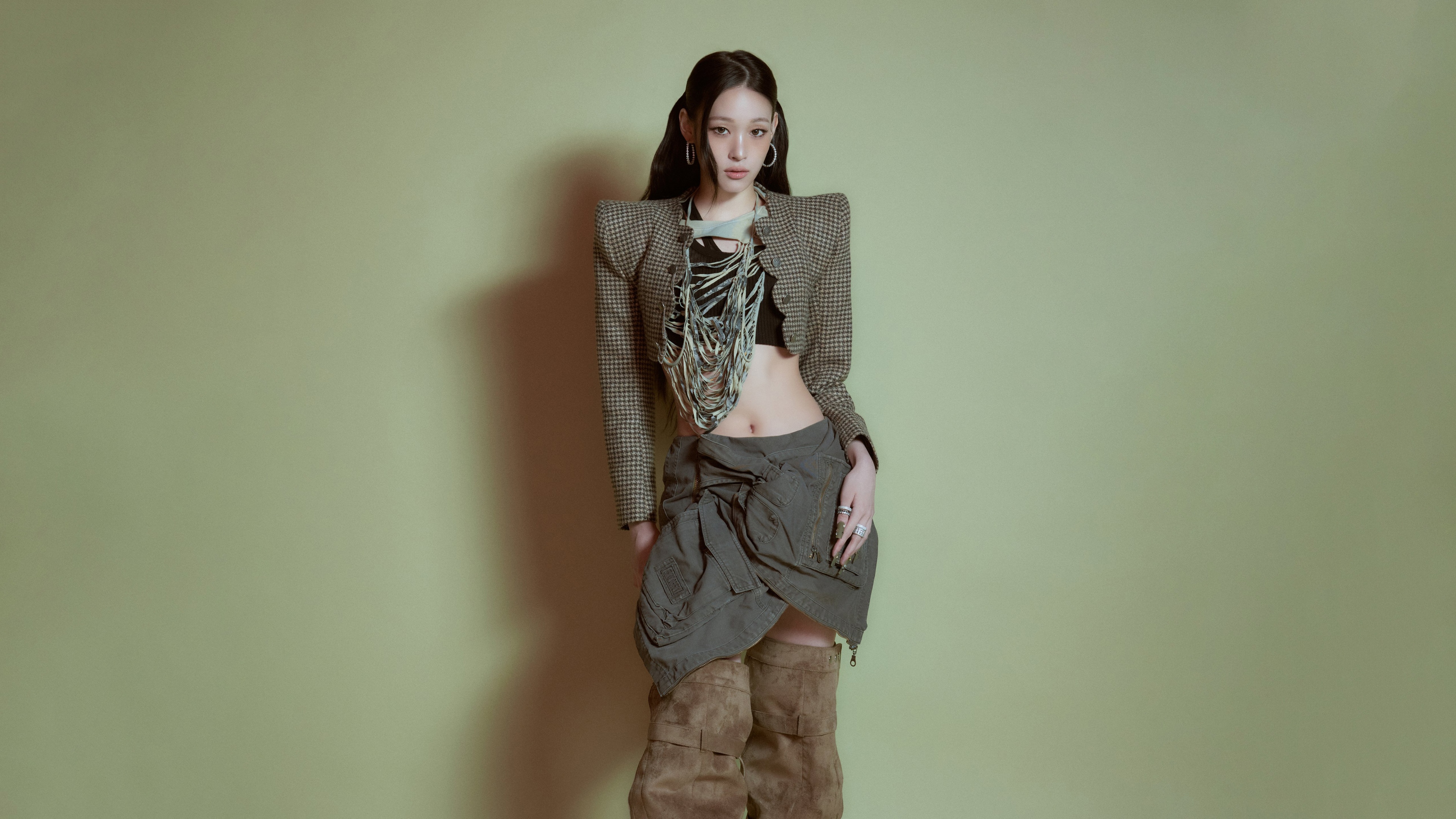 A high-detail portrait of K-Pop singer Annie from the ALLDAY PROJECT, featuring stylish idol fashion and luminous lighting.
