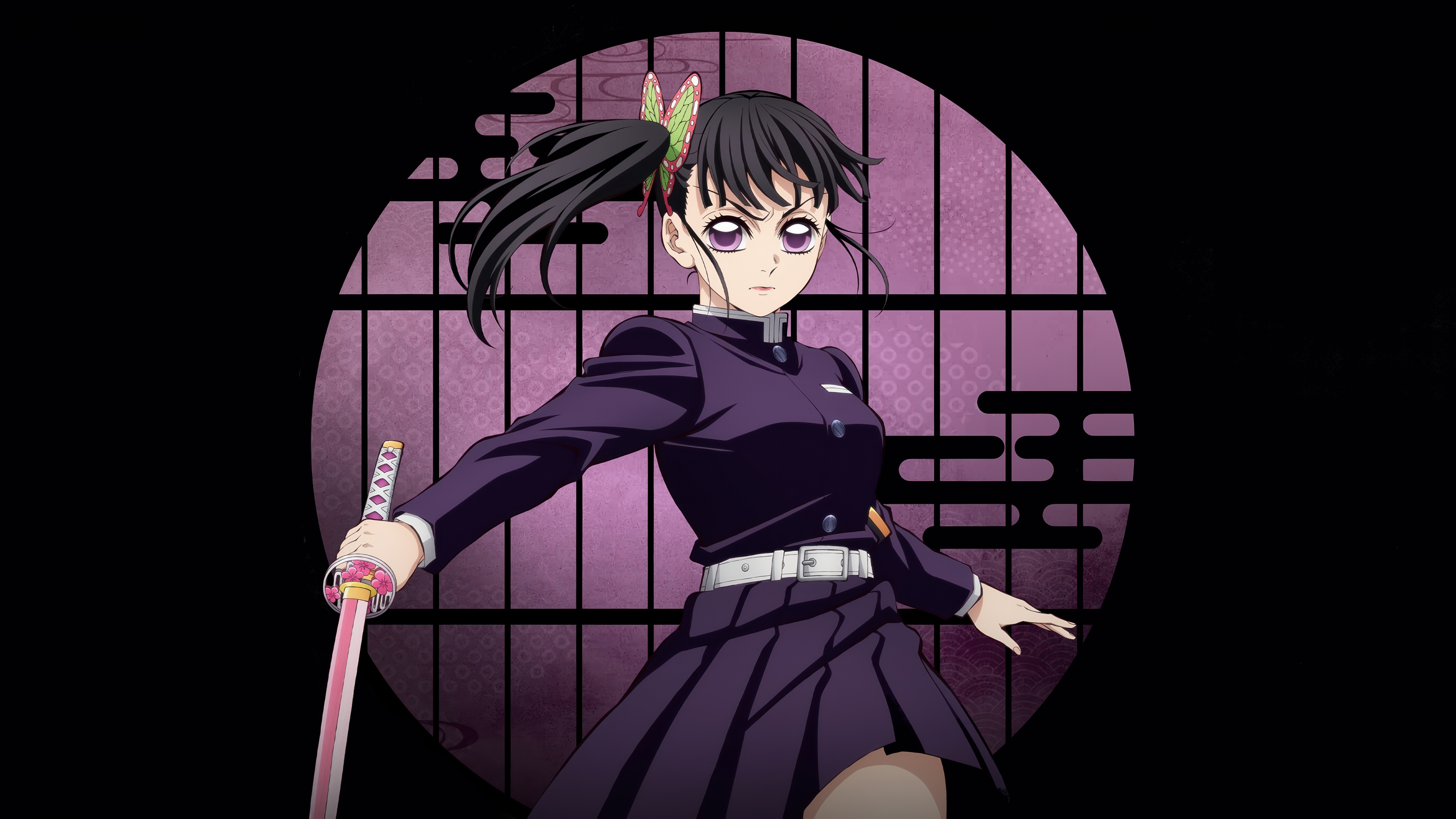 Kanao Tsuyuri from Demon Slayer: Kimetsu No Yaiba standing against a black background in a cinematic anime style.