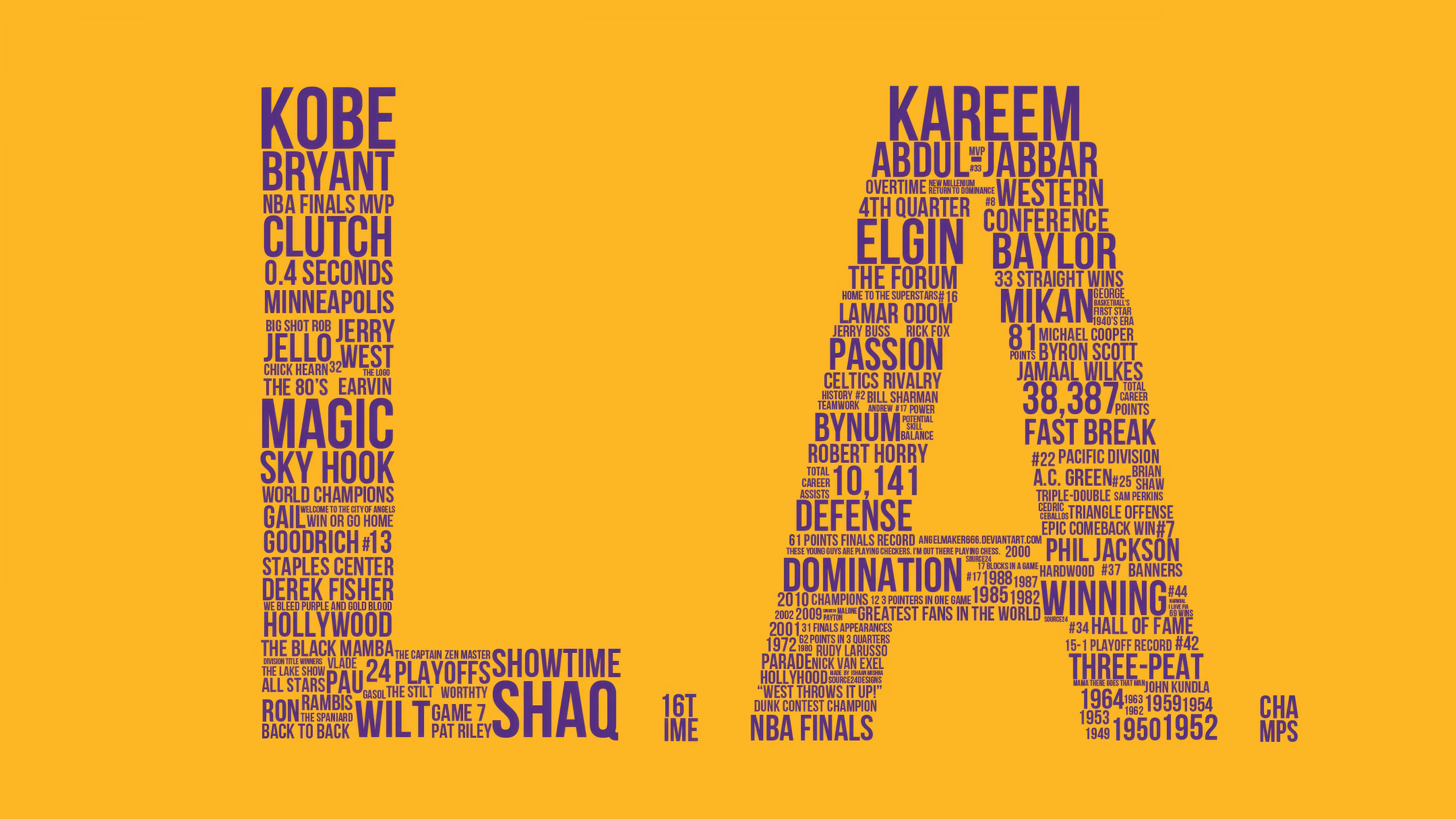 Typography-style artwork of Kobe Bryant and the Los Angeles Lakers on a bright yellow background.