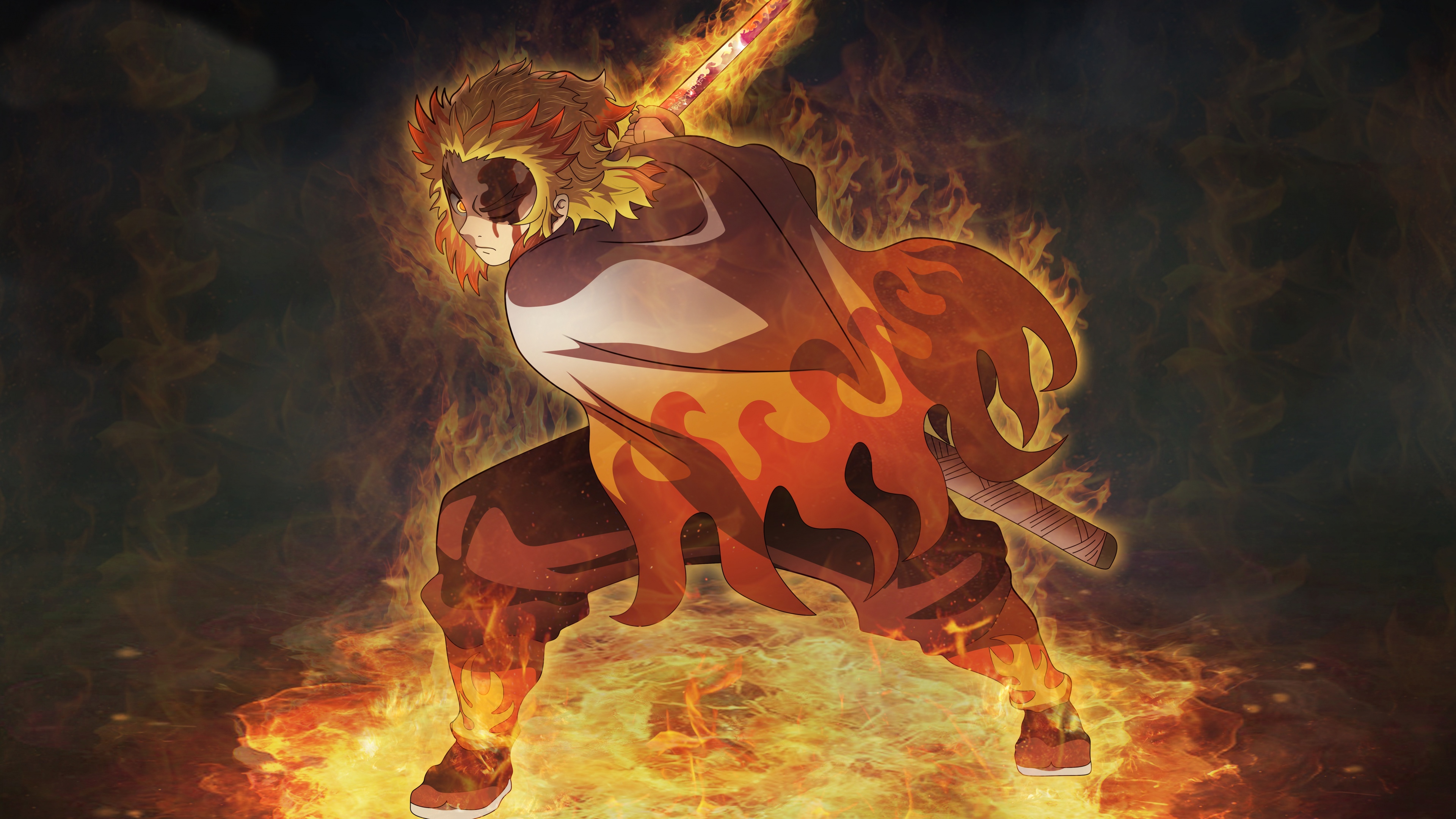 Kyojuro Rengoku from Demon Slayer: Kimetsu no Yaiba enveloped in intense flames and fiery energy.